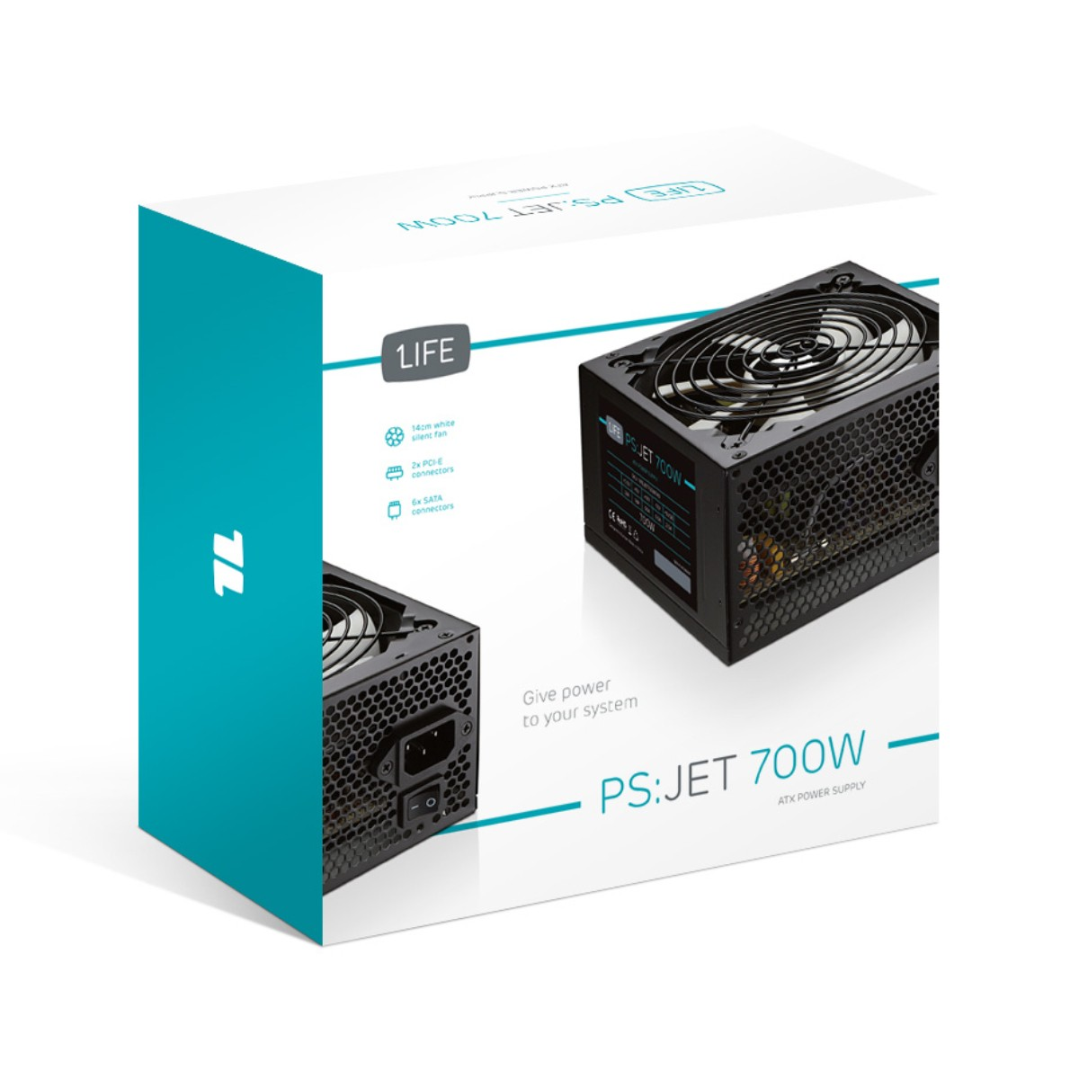 Scatola per alimentatore ATX LIFE PS:JET 700W, mostra unità con ventola e connettori.