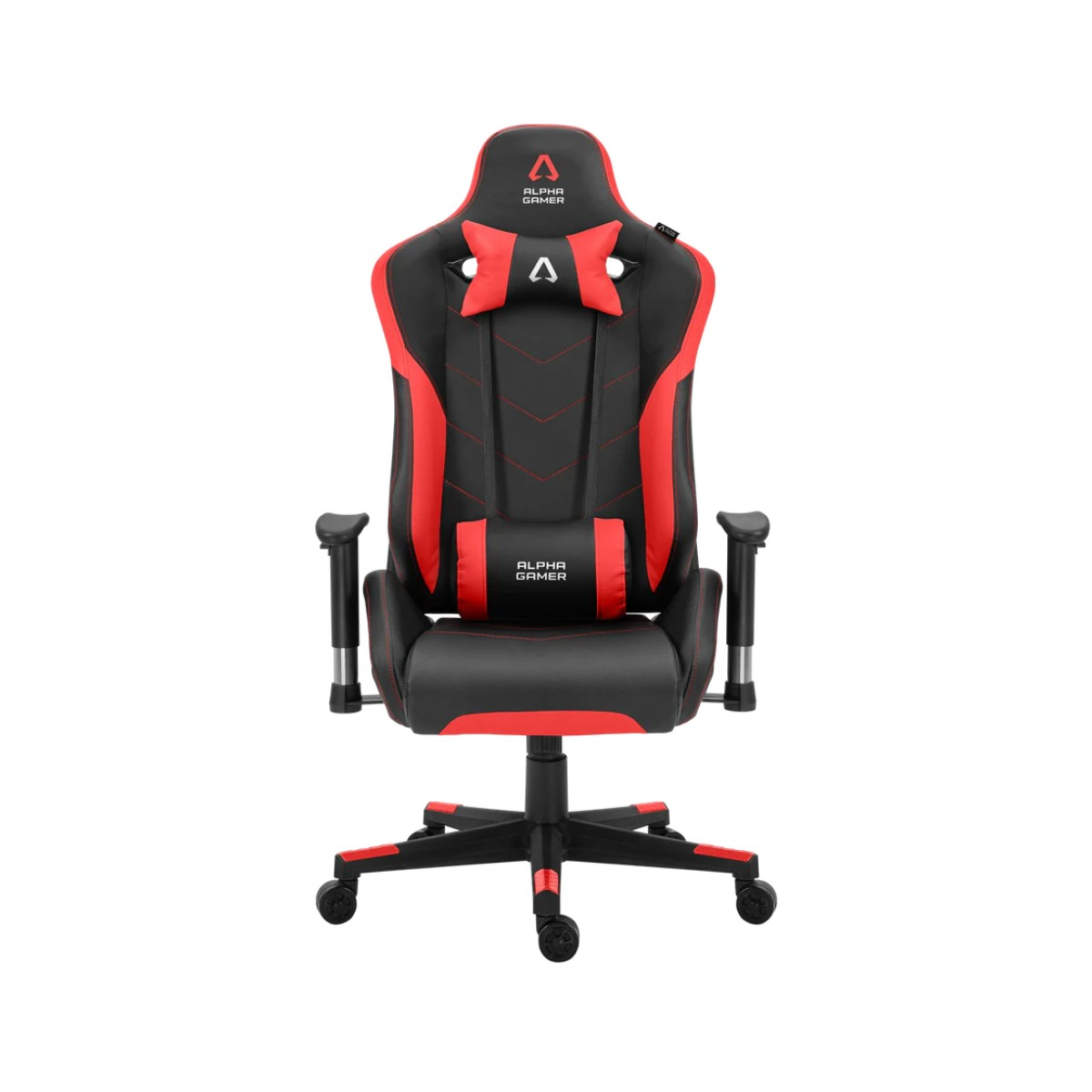 Sedia da gaming nera con accenti rossi e due cuscini.