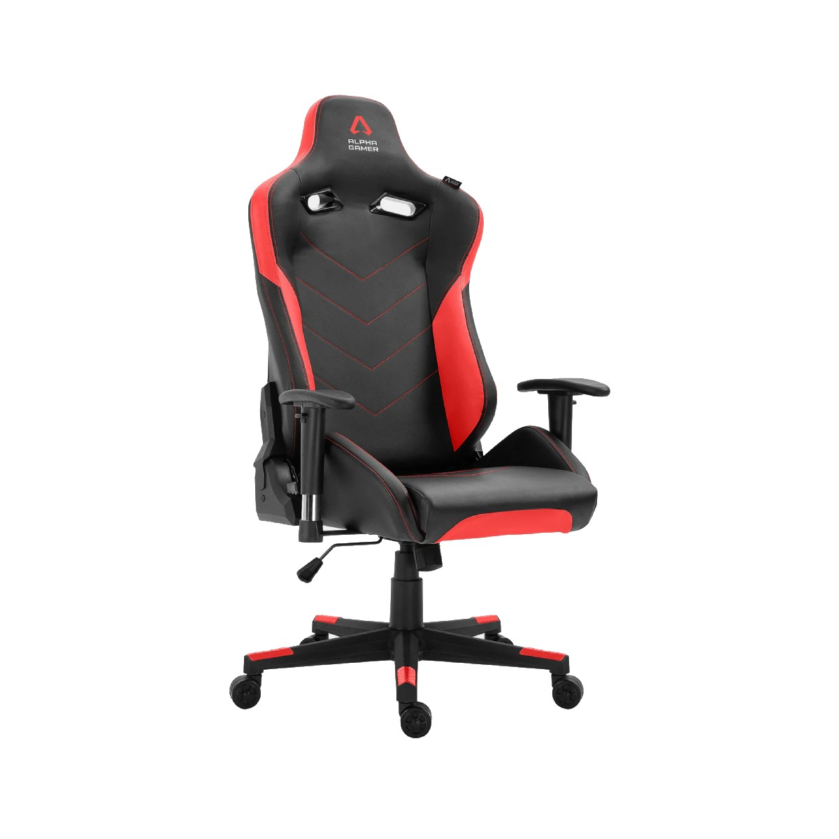 Una sedia da gaming nera con accenti rossi e logo Alpha Gamer.