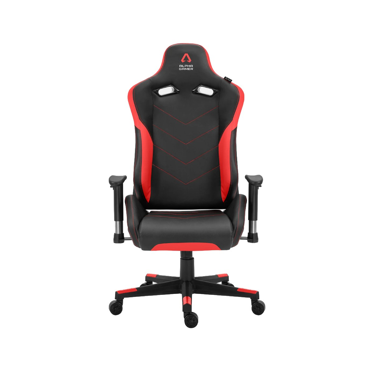 Una sedia da gaming nera con accenti rossi e logo Alpha Gamer.