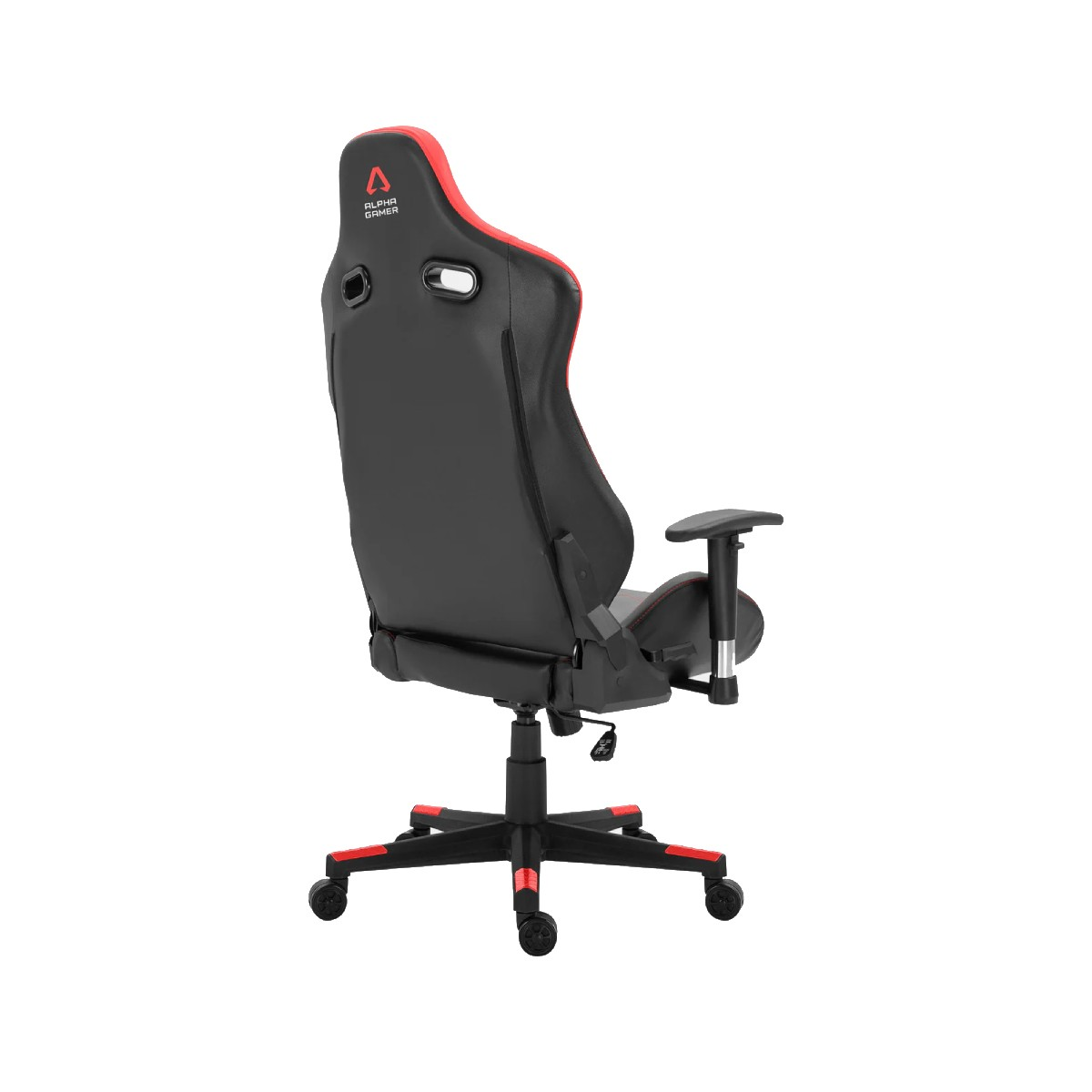 Sedia da gaming nera con accenti rossi, vista da dietro.
