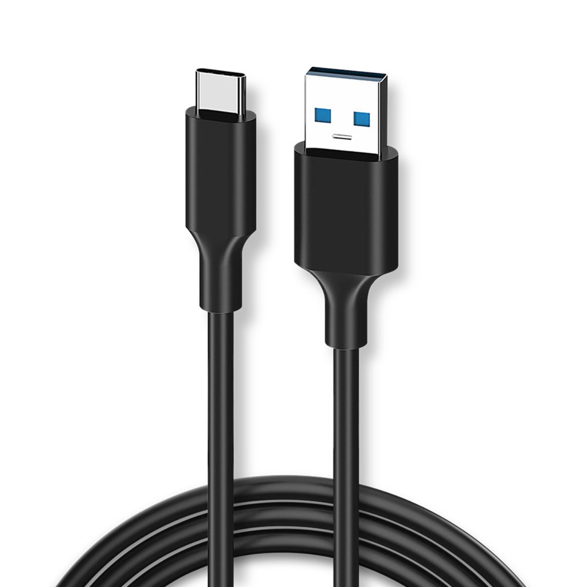 Un cavo USB-C nero con un connettore USB-A e un connettore USB-C.