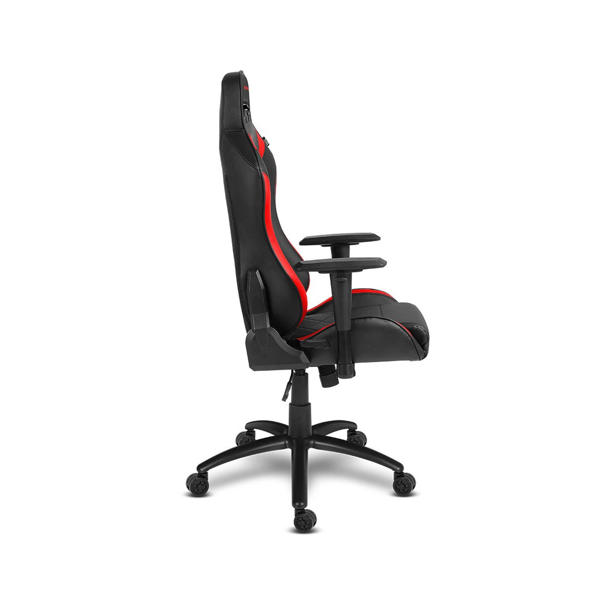 Sedia da gaming nera con accenti rossi, vista di lato.