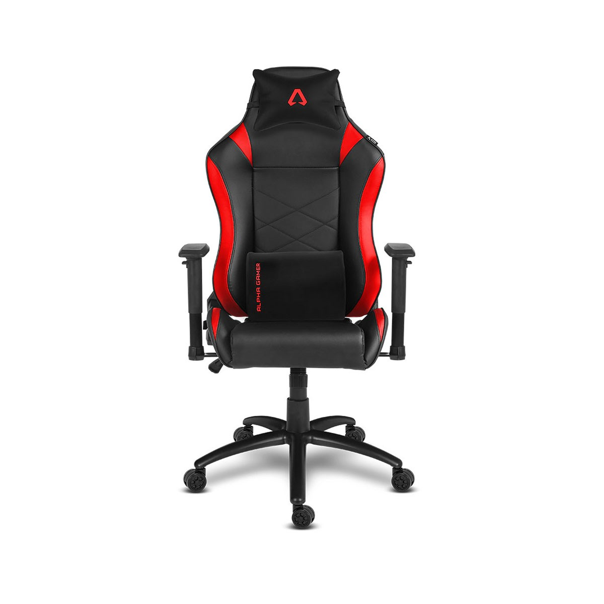 Una sedia da gaming nera con accenti rossi e ruote.