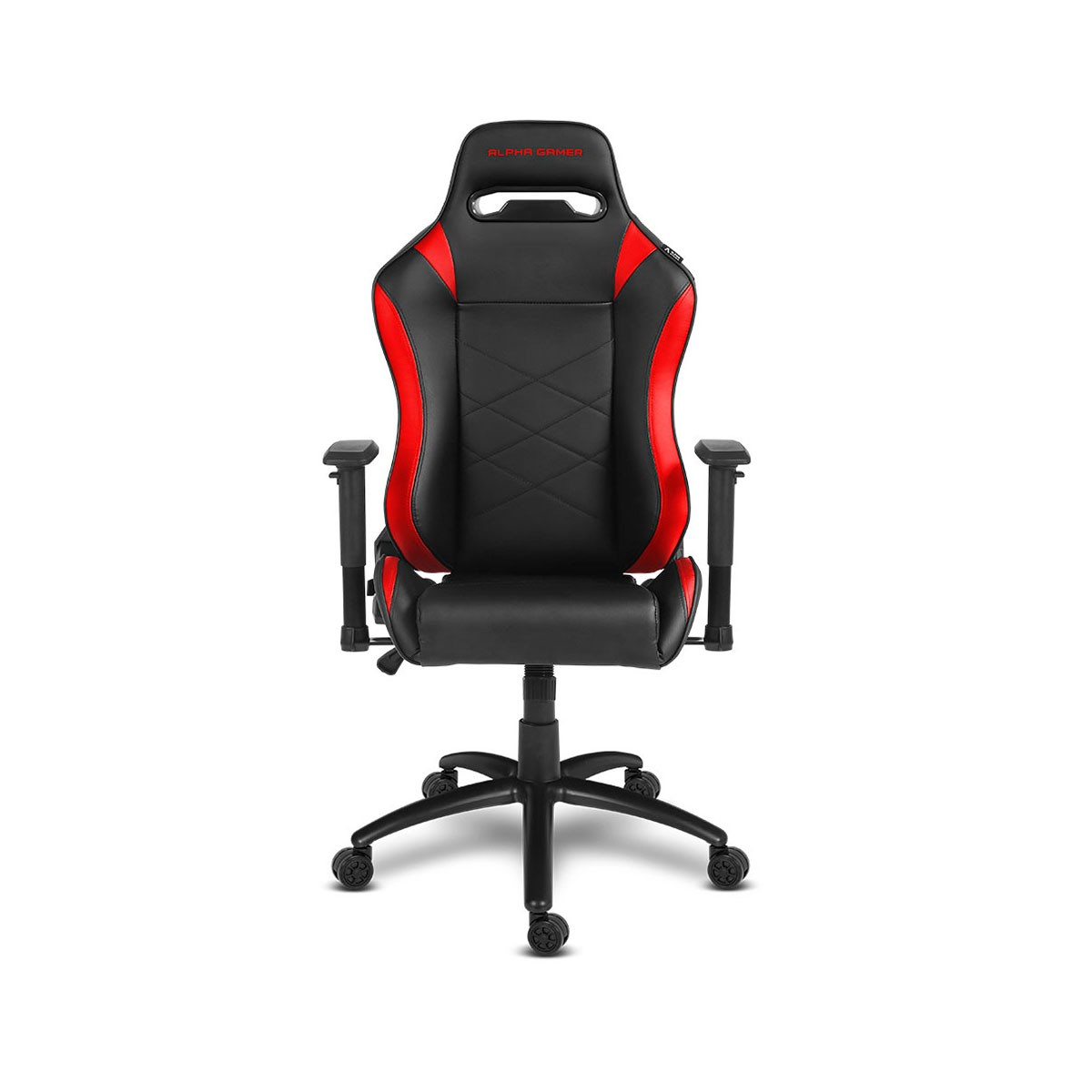 Una sedia da gaming nera e rossa con braccioli e base a cinque ruote su sfondo bianco.