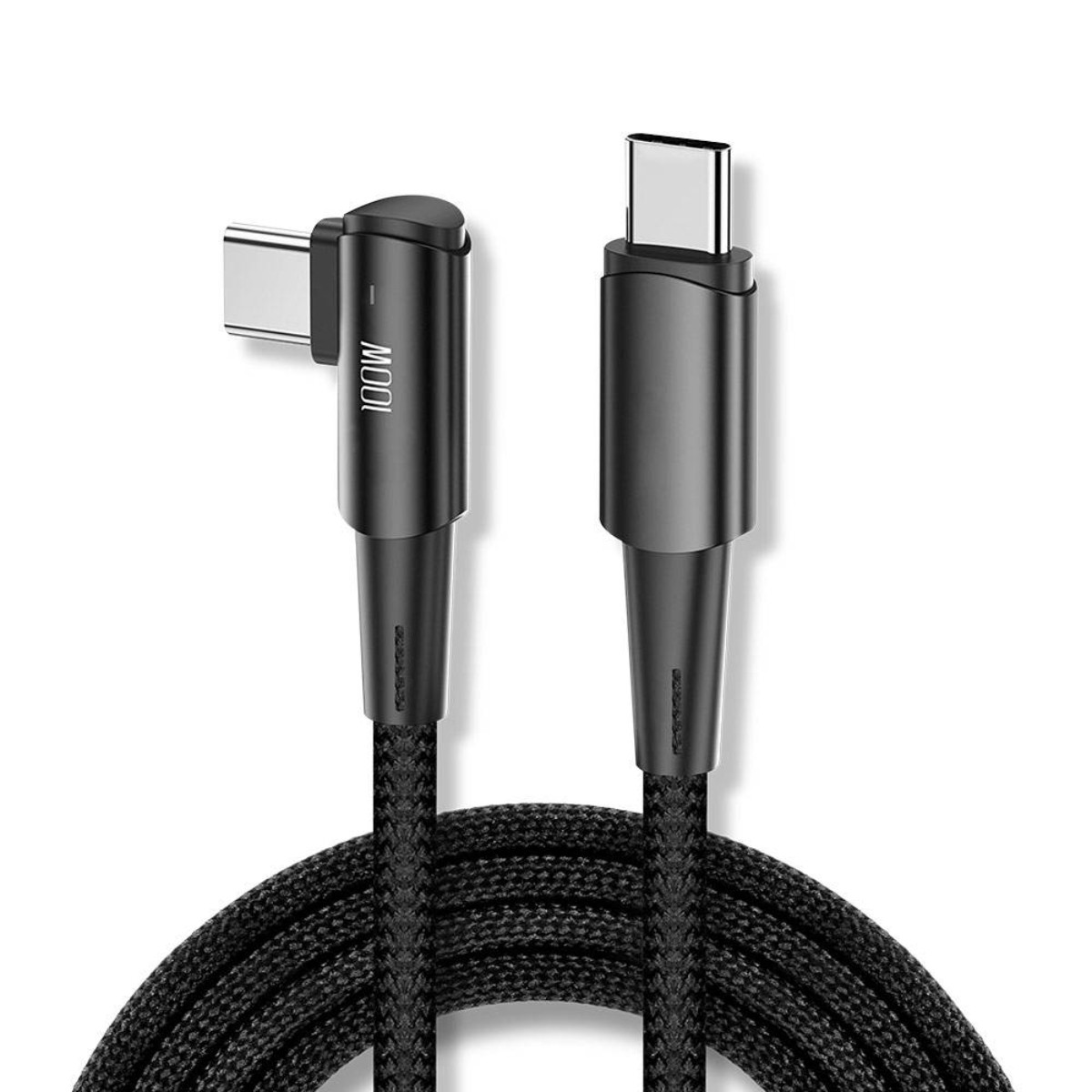 Un cavo USB-C nero con connettore a 90 gradi e uno dritto.