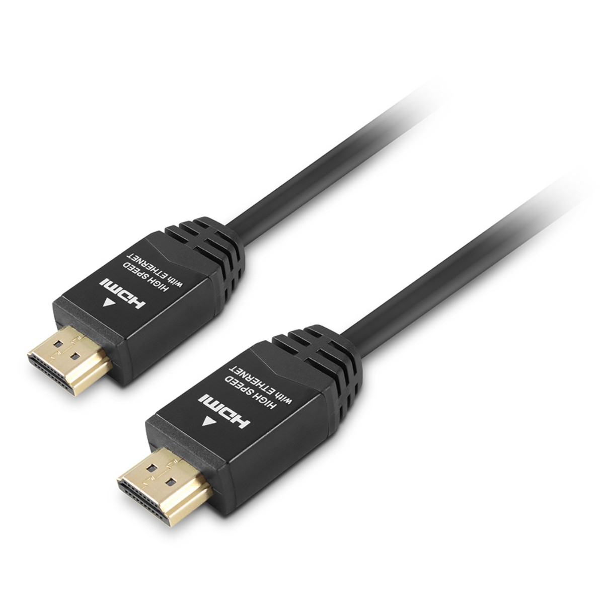 Due cavi HDMI neri con connettori dorati su sfondo bianco.