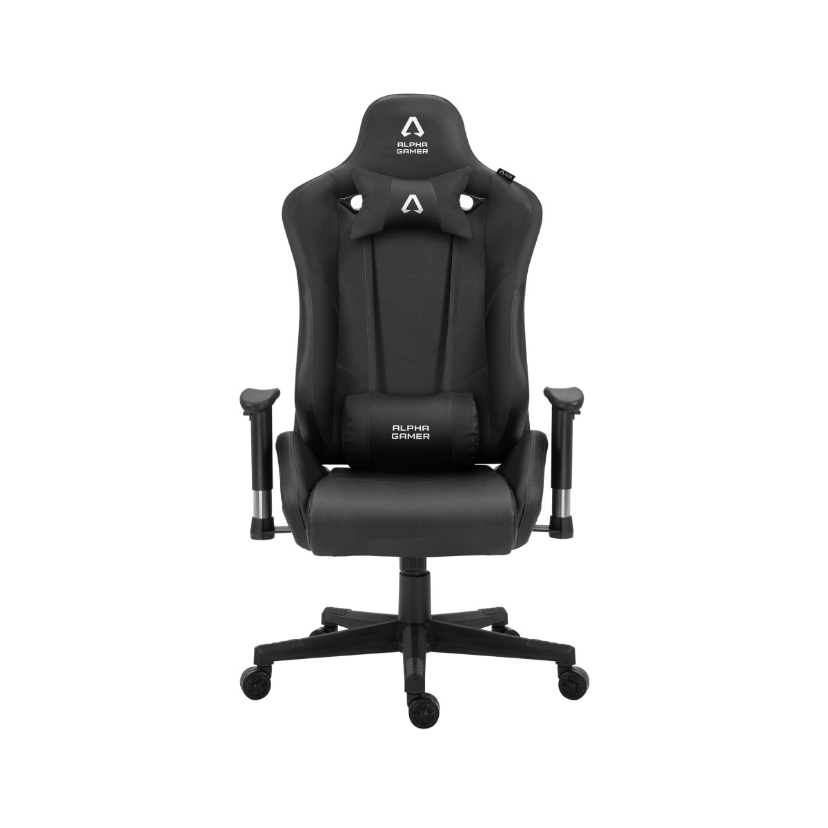 Sedia da gaming nera con poggiatesta e cuscino lombare logo bianco.