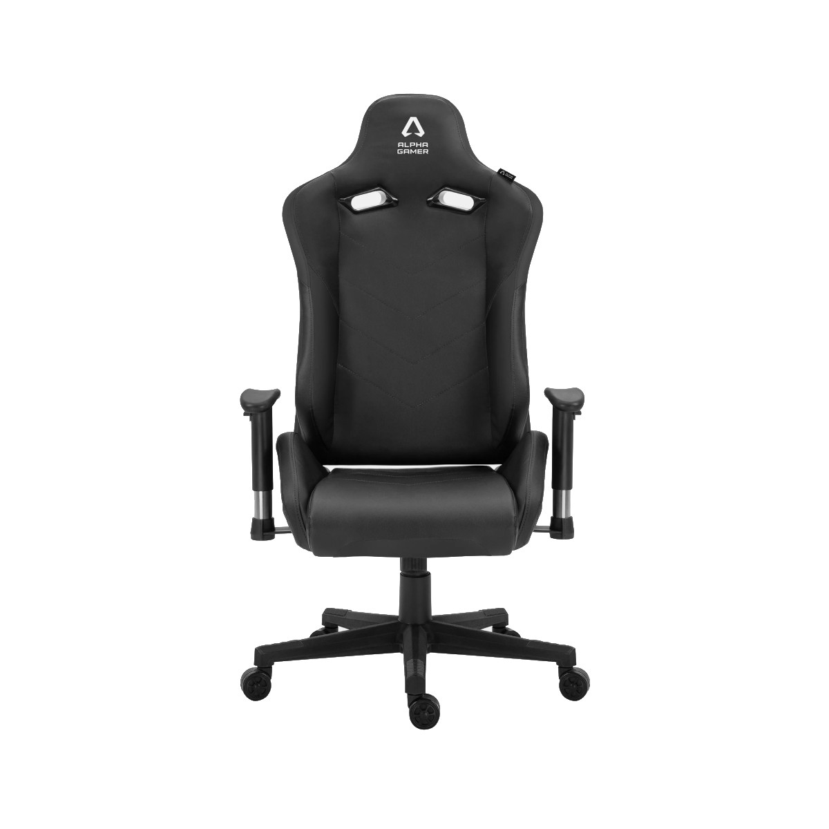 Sedia da gaming nera con logo in alto e ruote in basso.