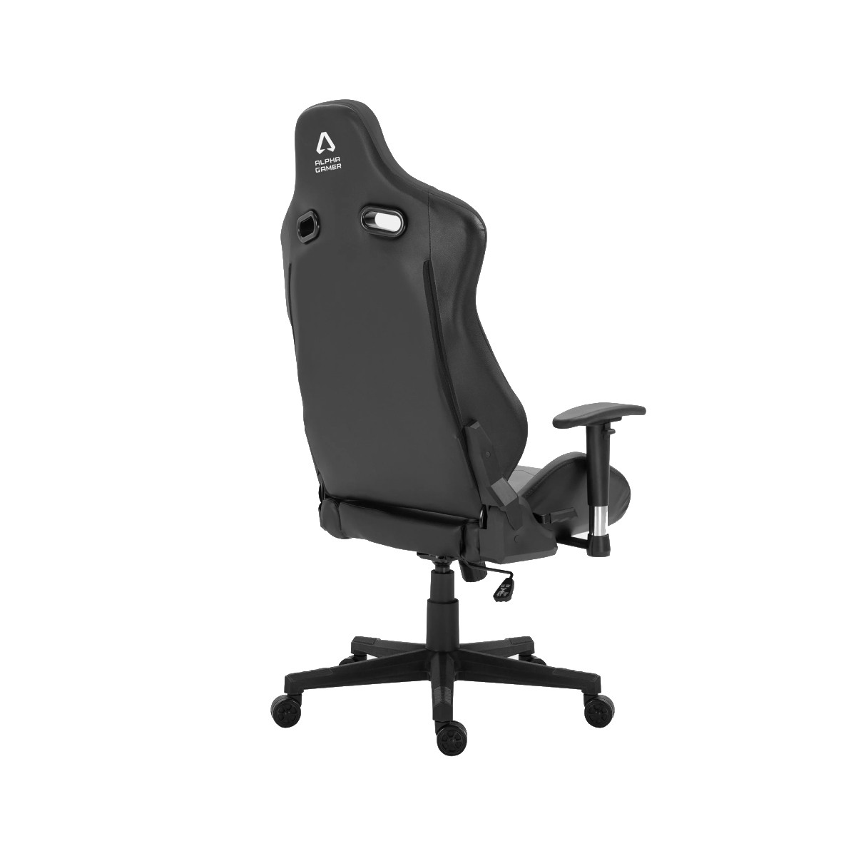 Una sedia da gaming nera con logo sul poggiatesta, vista da dietro e di lato.