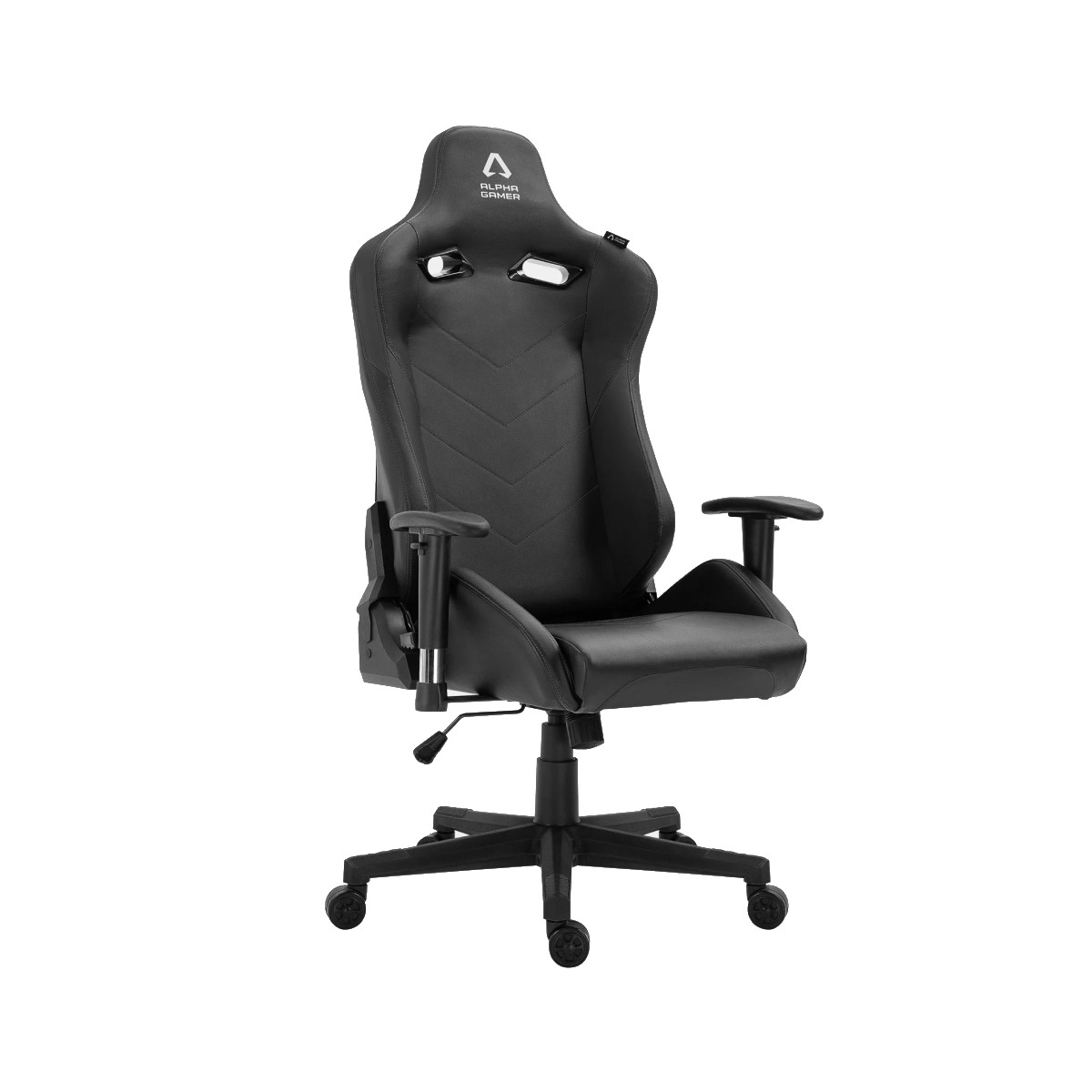 Una sedia da gaming nera con motivo a spina di pesce sullo schienale e accenti argentati.