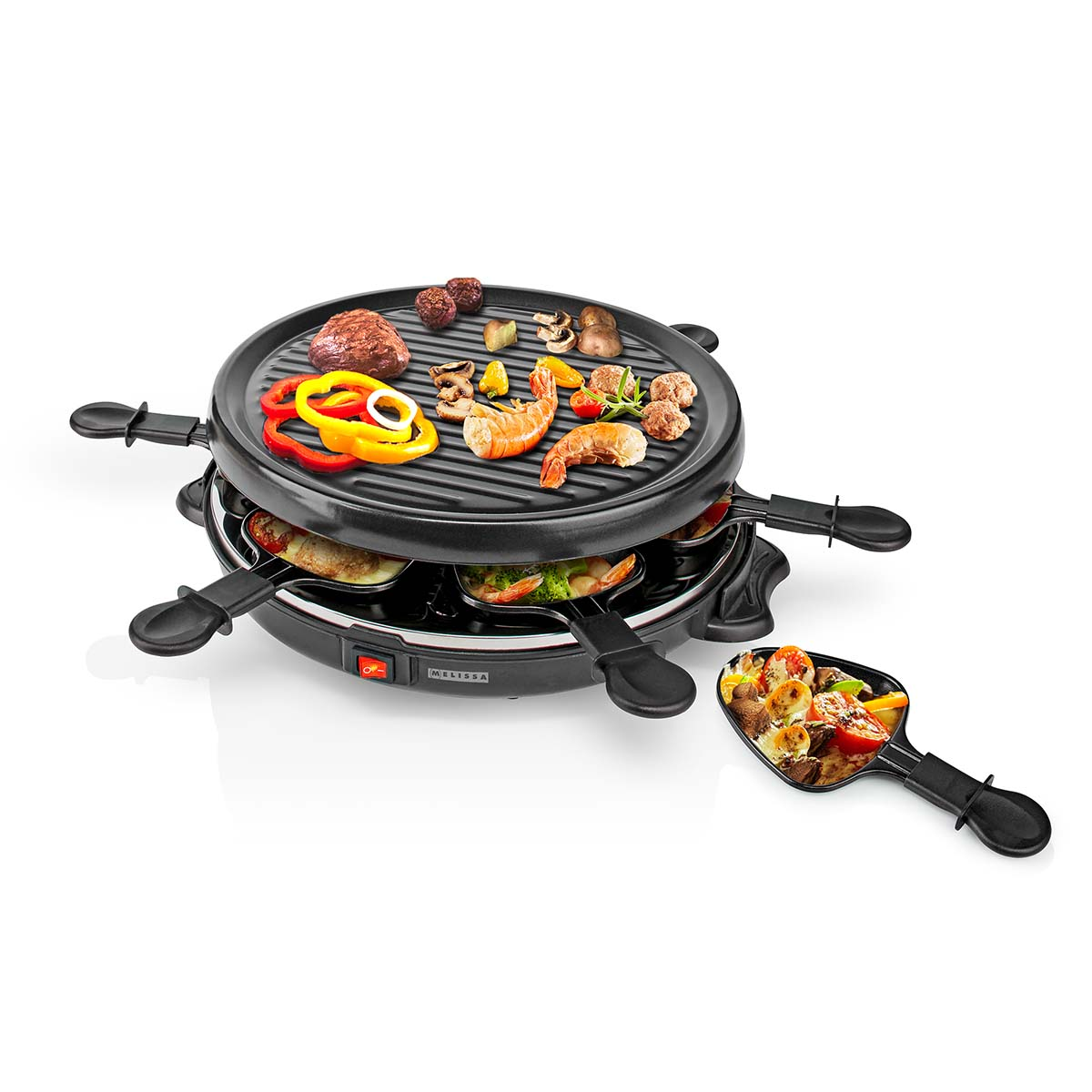 Grill do raclette z mięsem, krewetkami i warzywami na grillu.