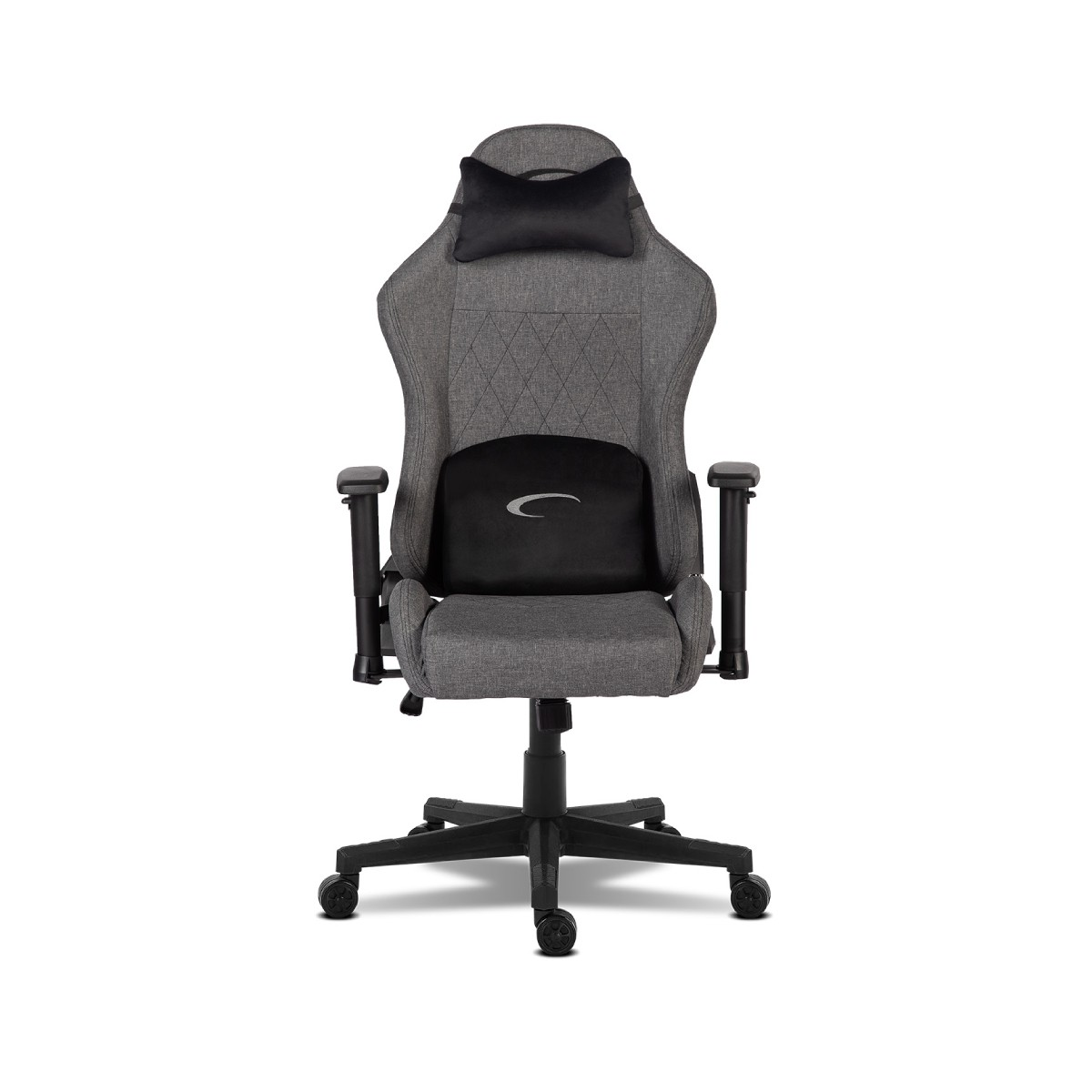 Una sedia da gaming grigia con cuscini neri e ruote.