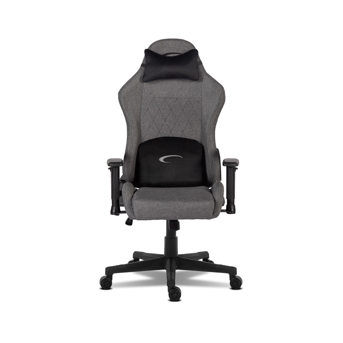 Sedia da gaming grigia con cuscini neri e braccioli, su base nera con ruote.