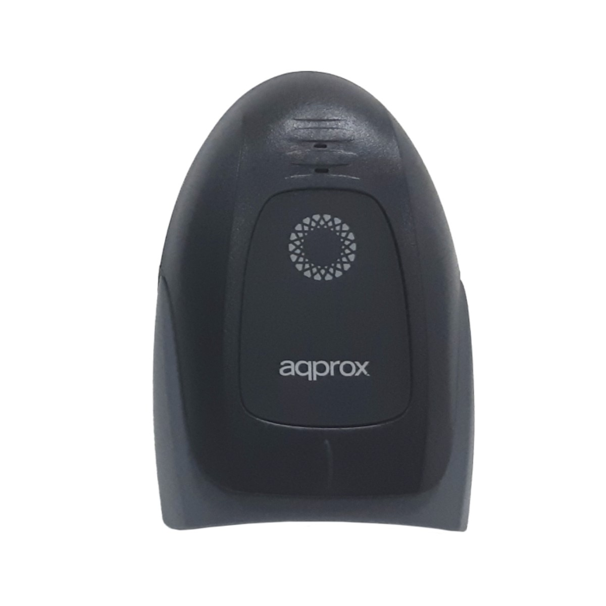 Uno scanner di codici a barre scuro a forma di goccia con il logo Aproxx.