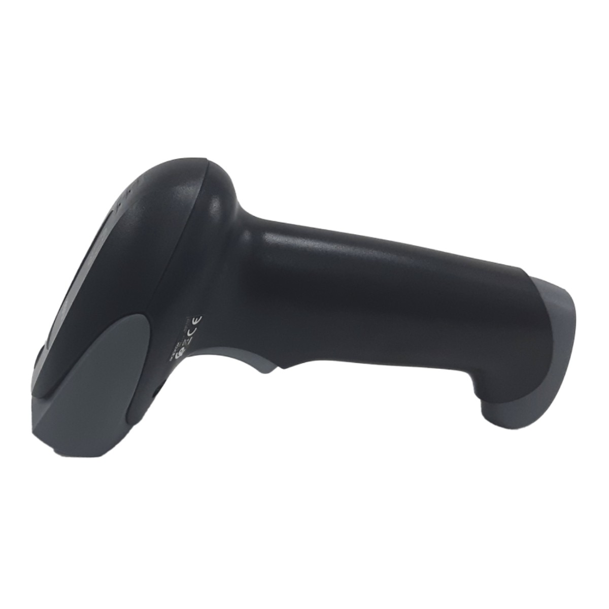 Uno scanner di codici a barre nero con accenti grigi, isolato su sfondo bianco.