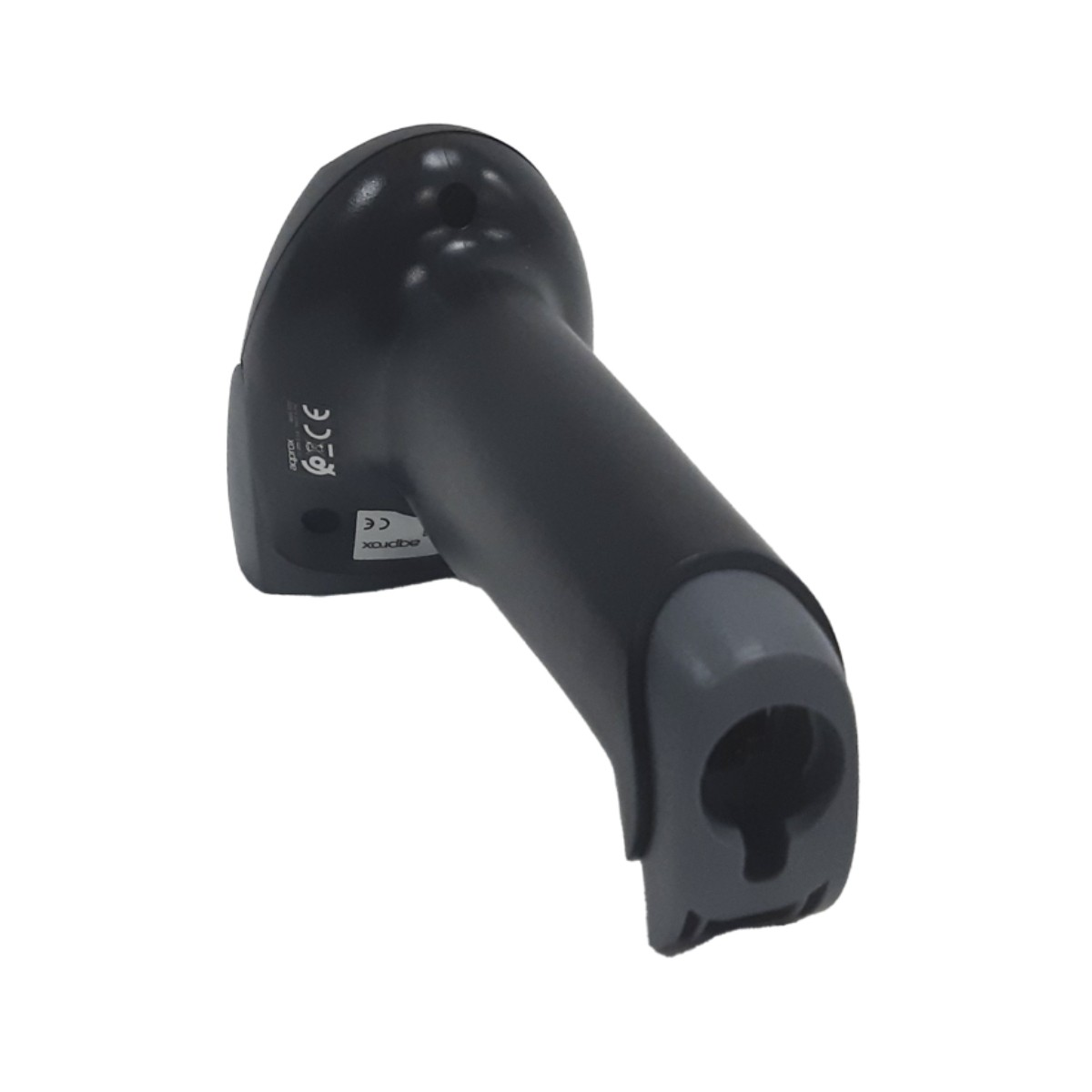 Uno scanner di codici a barre portatile nero con impugnatura grigia e marchi CE.