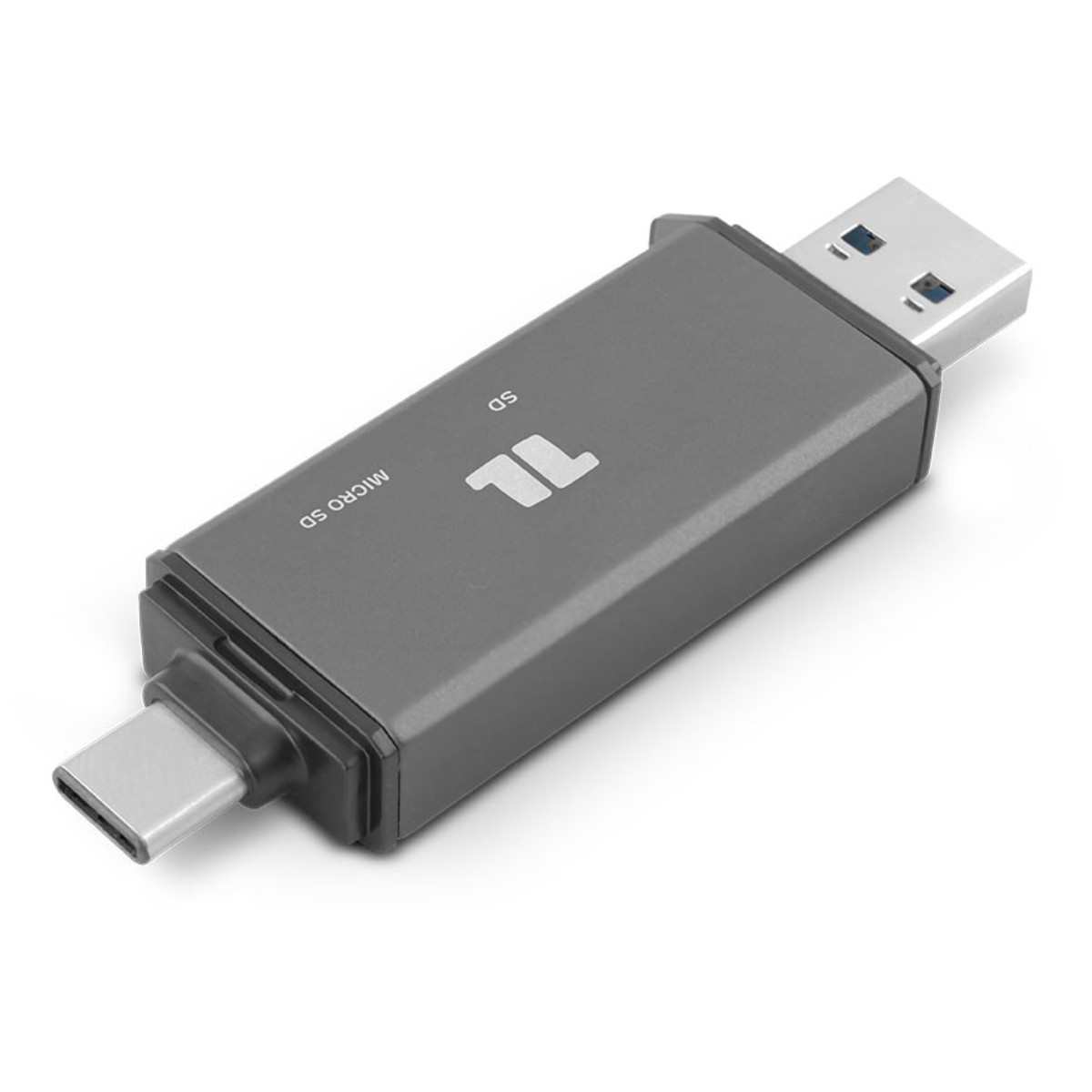 Un lettore di schede USB-C grigio con slot SD e Micro SD e un connettore USB-A.