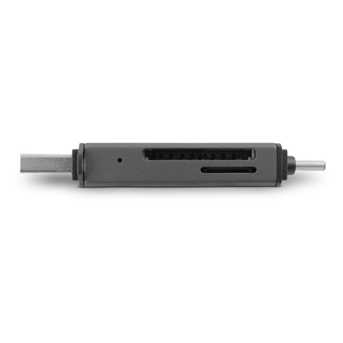 Lettore di schede USB-C grigio con slot per schede SD e microSD.
