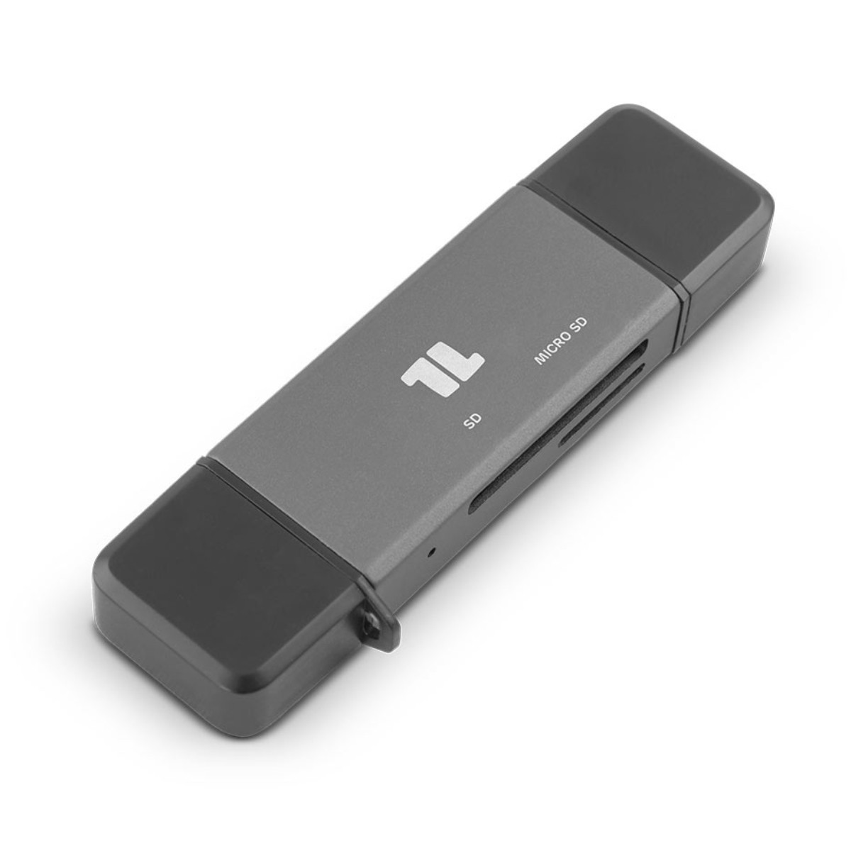 Lettore di schede grigio con tappi neri e slot SD/Micro SD.