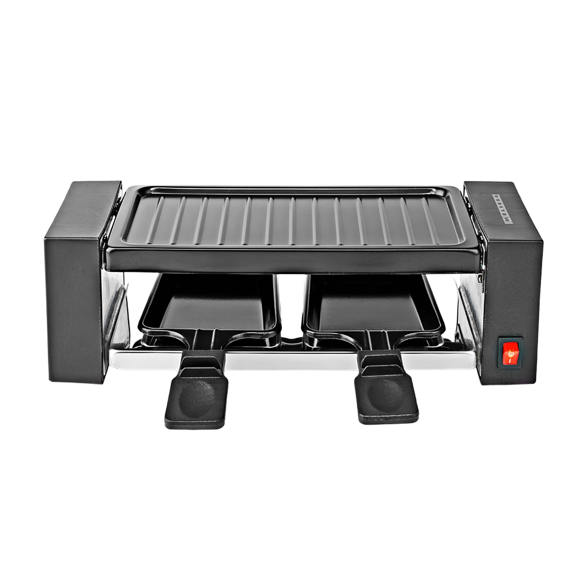 Kompaktowy czarny grill raclette z płytą grillową i dwoma małymi patelniami.