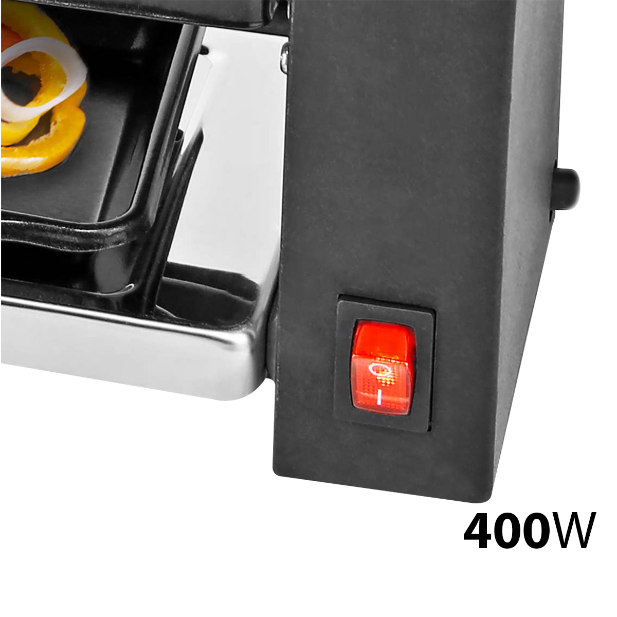 Czerwony przełącznik na czarnym urządzeniu, obok napisu "400W" i części tacy.