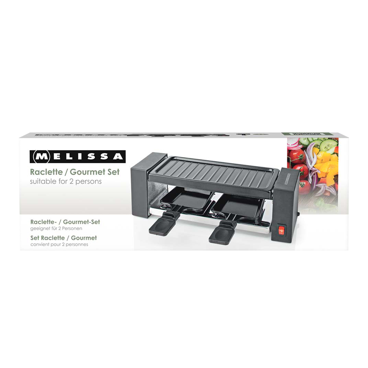 Opakowanie Melissa Raclette/Gourmet Set dla 2 osób z płytą grillową i patelniami.