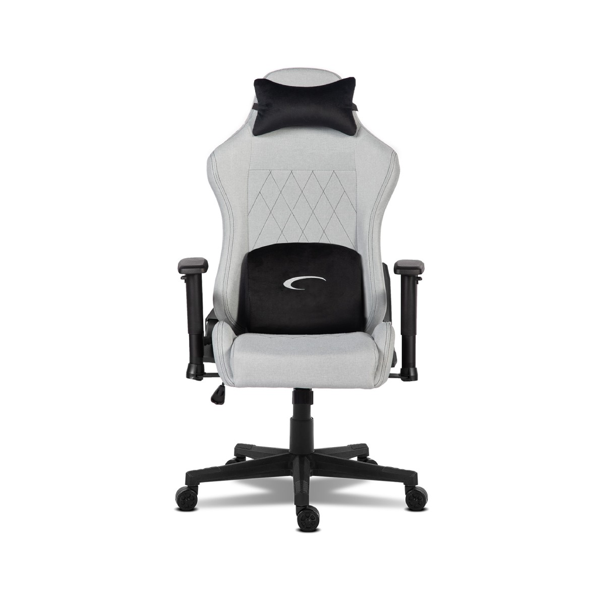 Sedia da gaming grigio chiaro con cuscini neri e ruote.