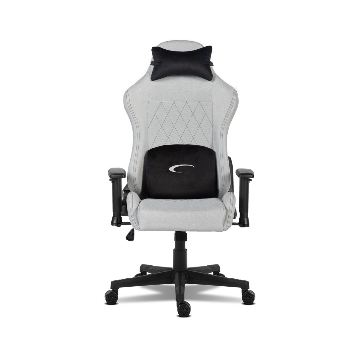 Sedia da gaming grigio chiaro con cuscini lombari e poggiatesta neri.