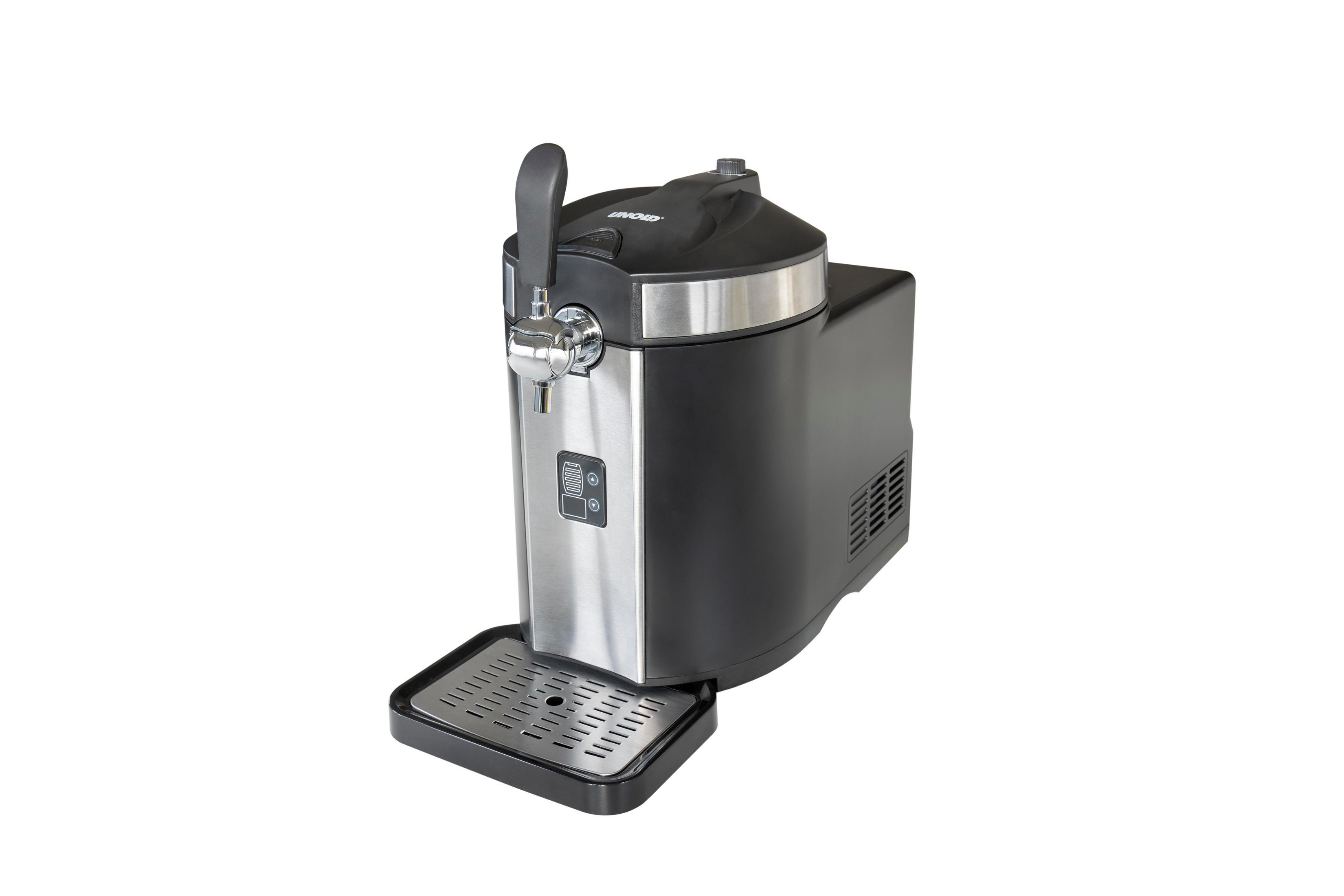 Un robinet à bière sur un appareil noir avec façade en acier inoxydable.