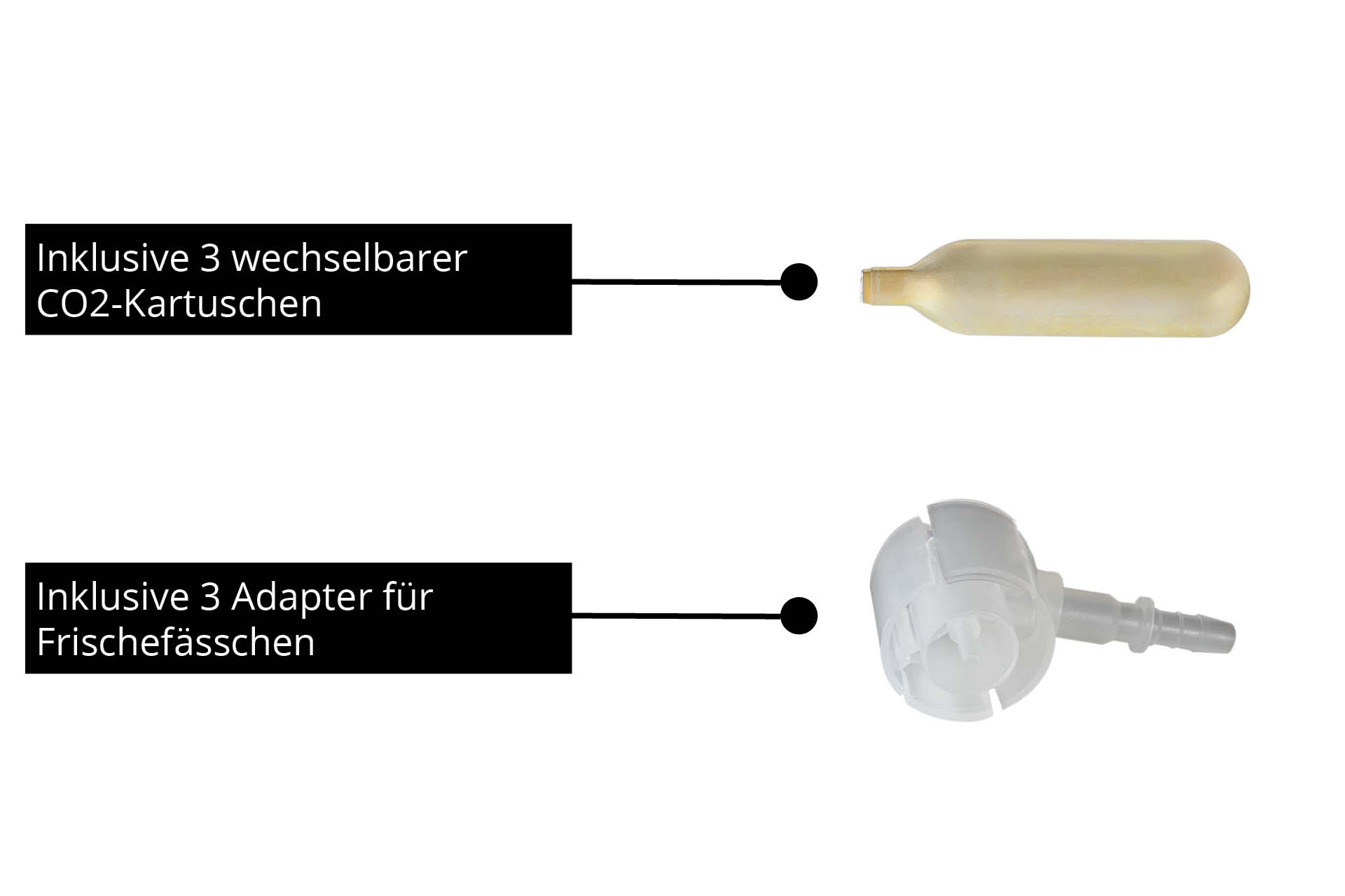 Deux articles : une cartouche de CO2 et un adaptateur blanc pour fûts de soda.