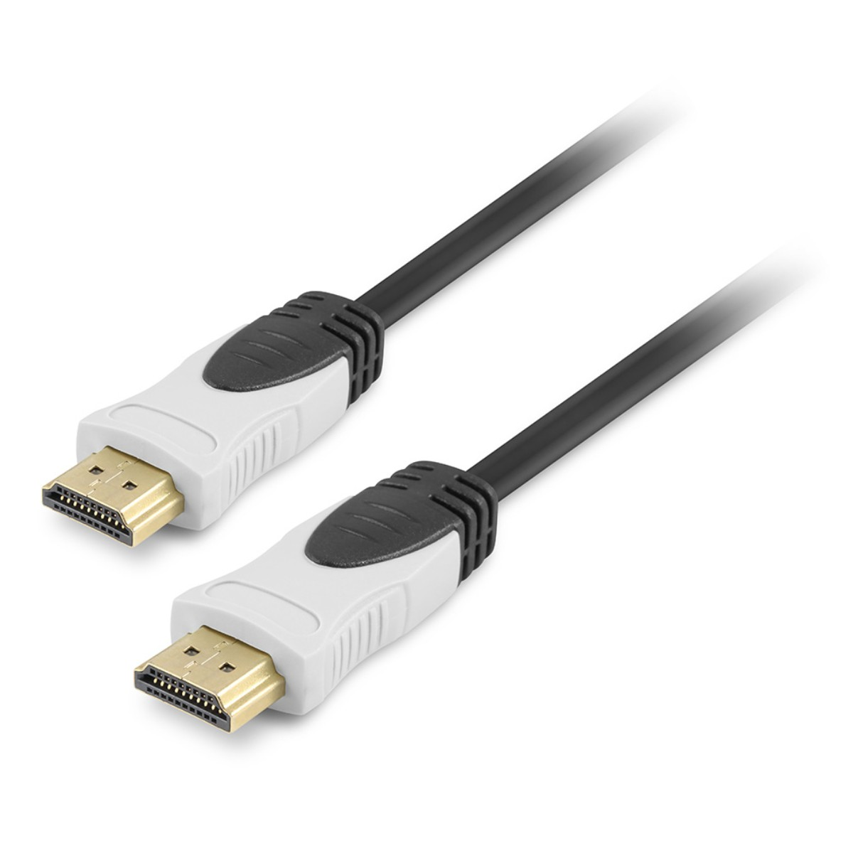 Due cavi HDMI con connettori bianchi e neri su sfondo bianco.