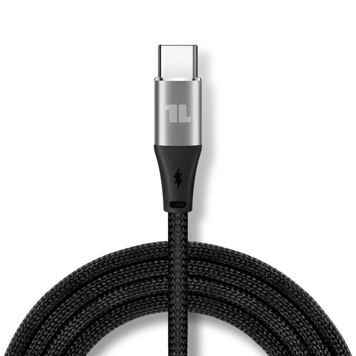 Cavo USB-C nero con connettore argento e logo fulmine nero.