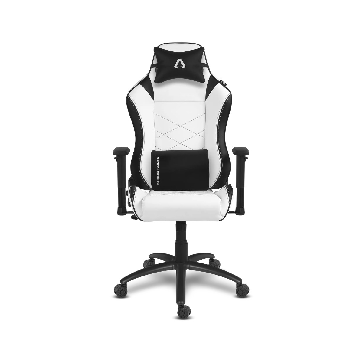 Sedia da gaming bianca e nera con braccioli regolabili e cuscino lombare.