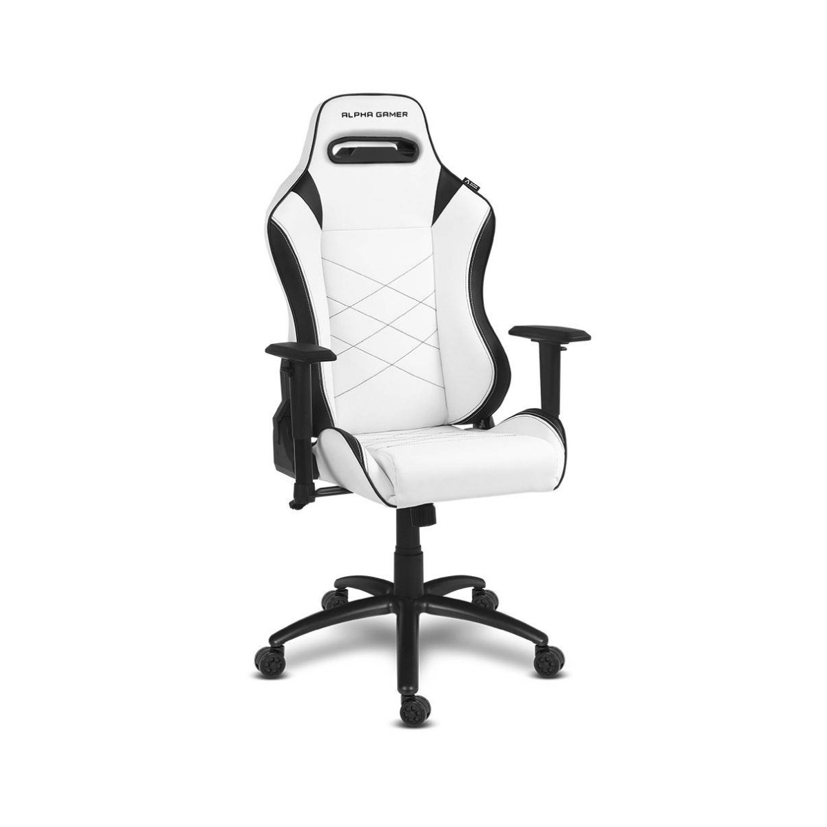 Una sedia da gaming bianca con accenti neri e ruote.