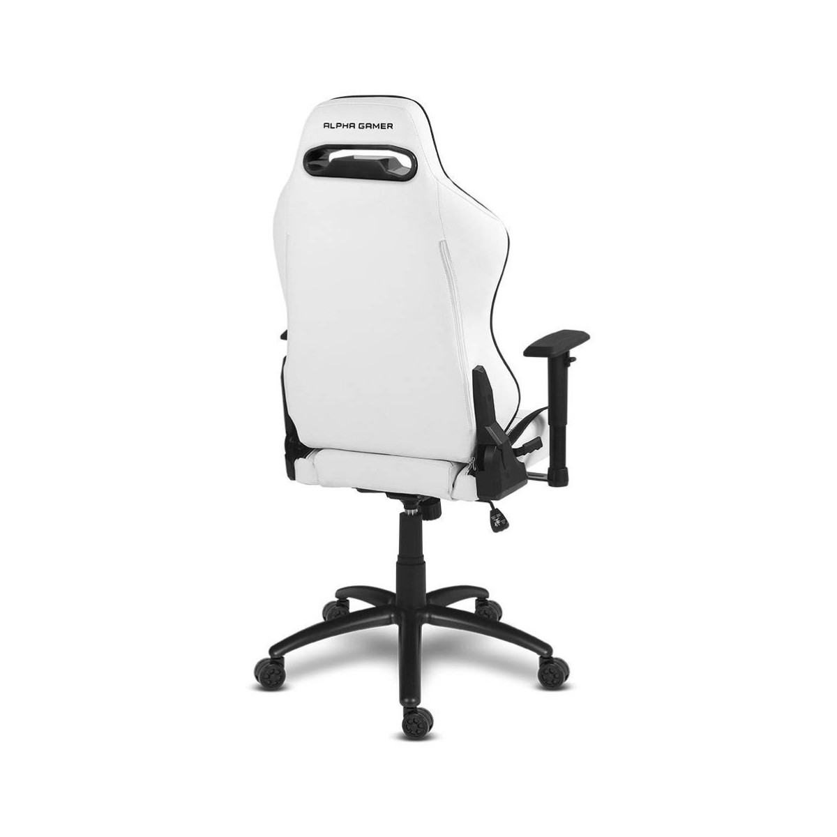 Una sedia da gaming bianca con accenti neri e il logo Alpha Gamer.