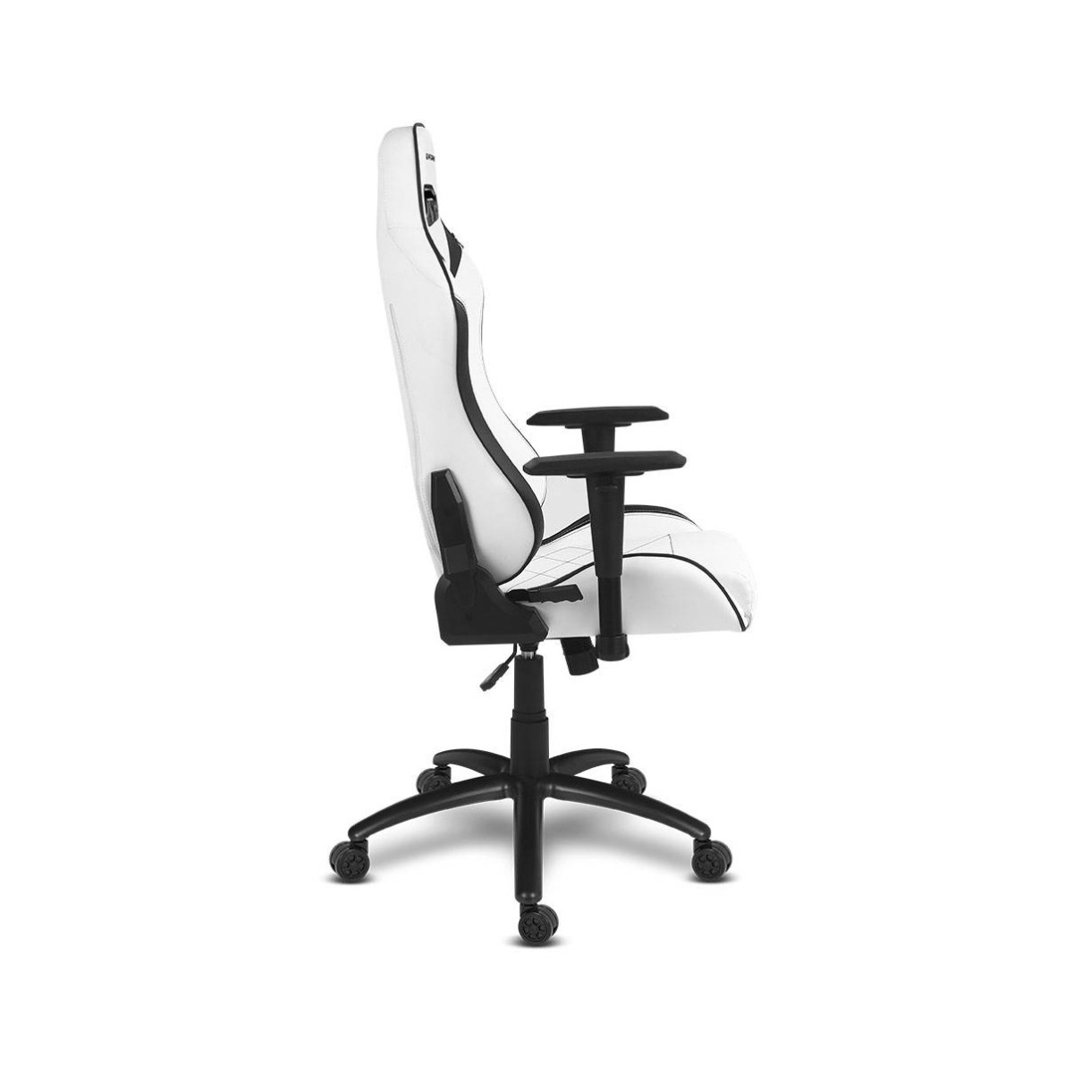 Una sedia da gaming bianca con accenti neri, vista di lato.