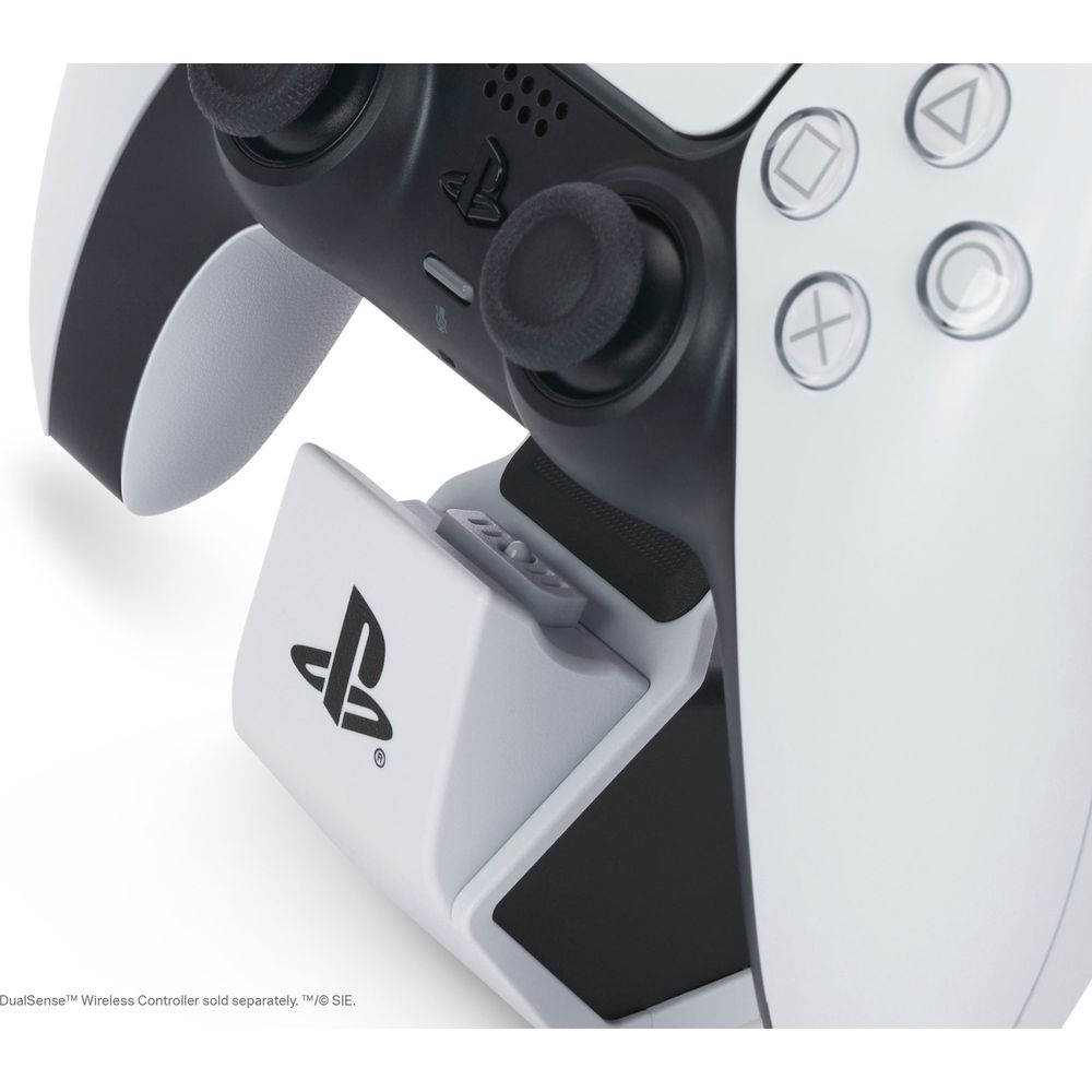Biała stacja dokująca do ładowania kontrolera PlayStation z logo PS.