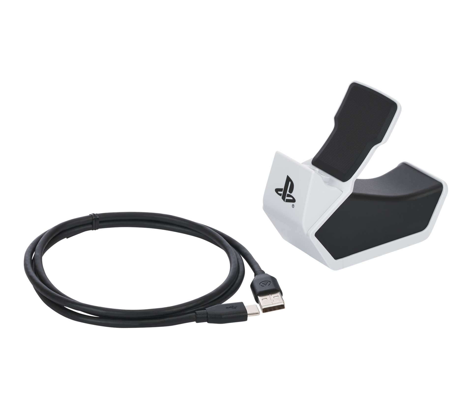 Biała podstawka ładująca z czarnym kablem i złączami USB.