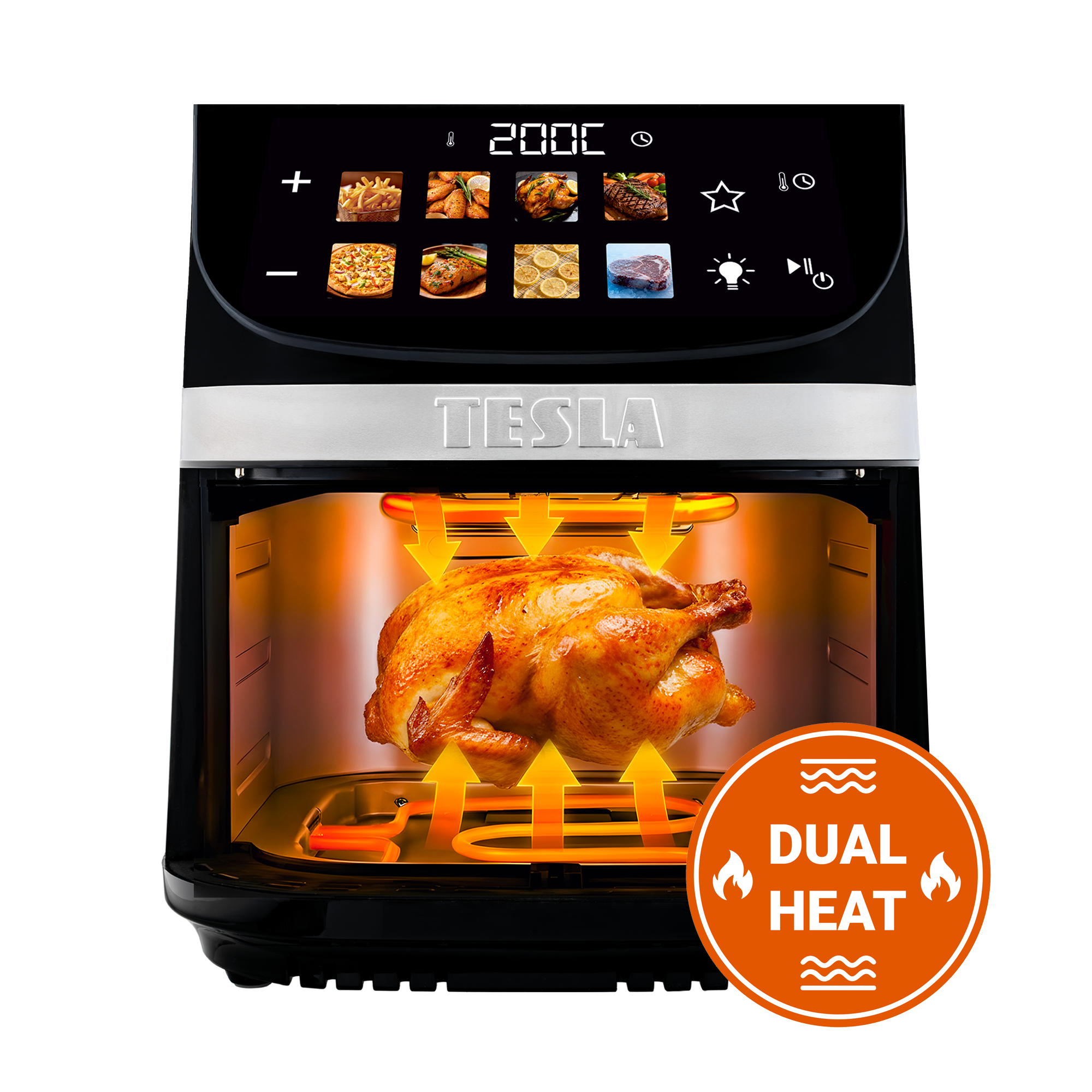 Un pollo arrosto all'interno di un forno nero con simbolo "DUAL HEAT".