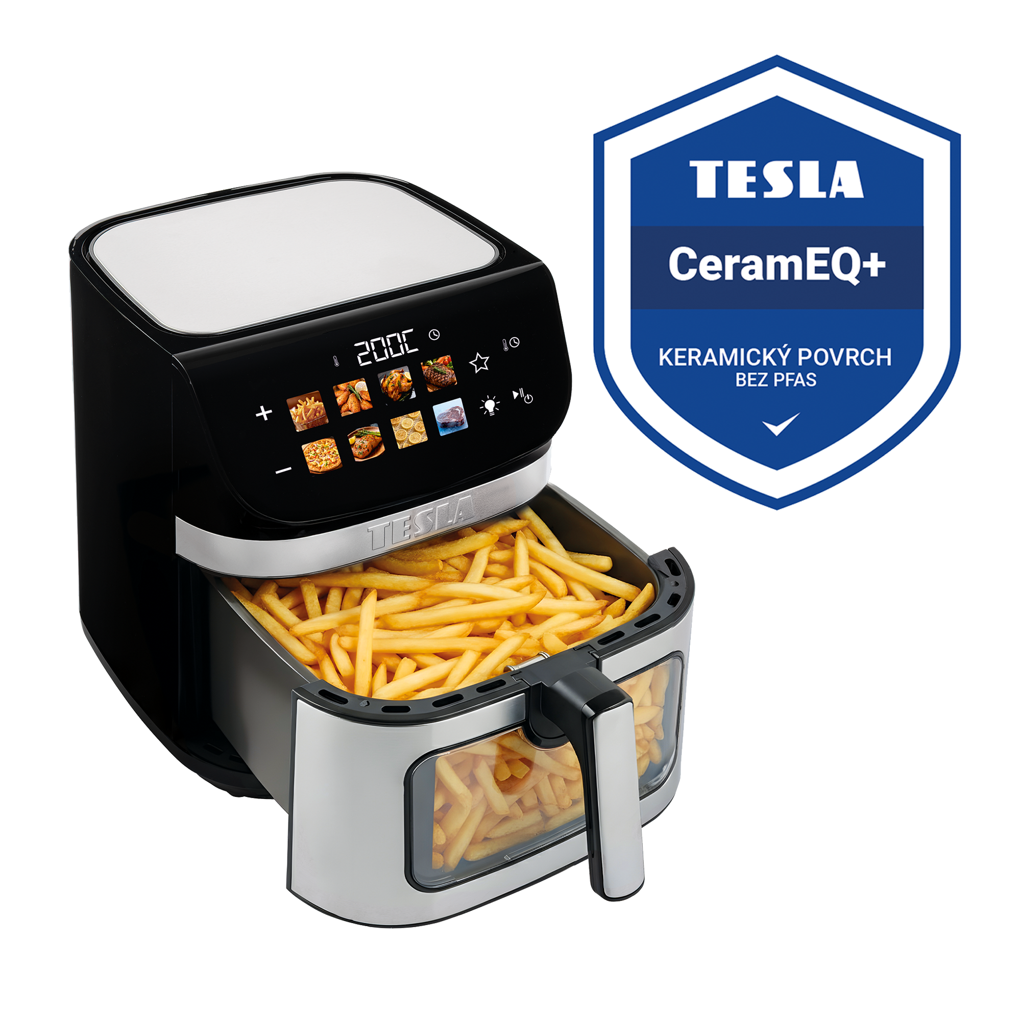 Friggitrice ad aria TESLA nera con cestello pieno di patatine fritte e logo TESLA CeramEQ+.