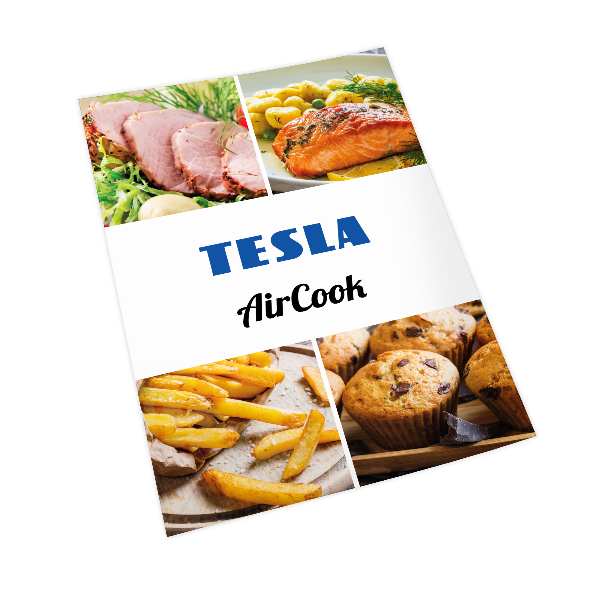 Brochure con foto di carne, salmone, patatine e muffin. Titolo: TESLA AirCook.