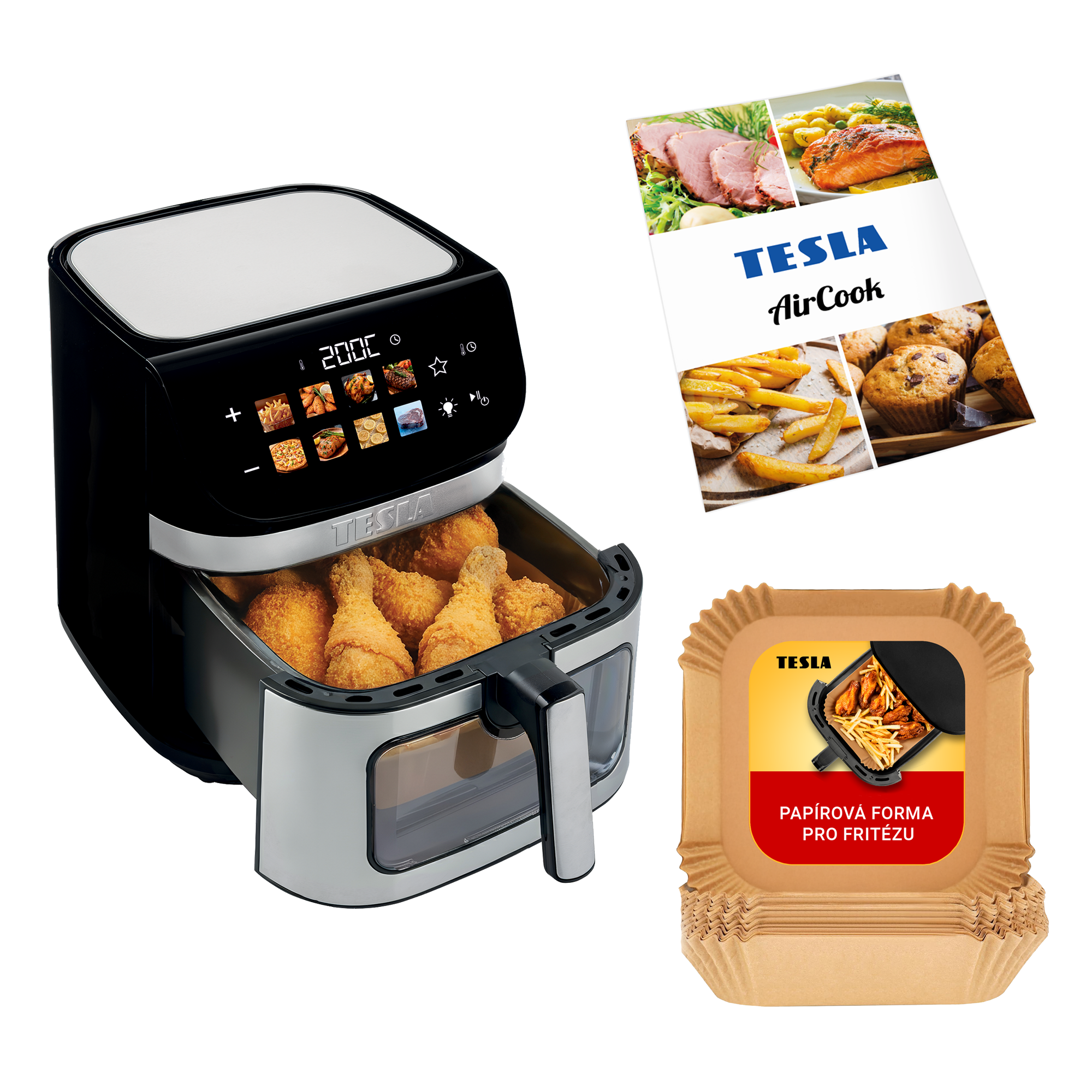 Una friggitrice ad aria nera con pollo fritto, una brochure e pirottini di carta.