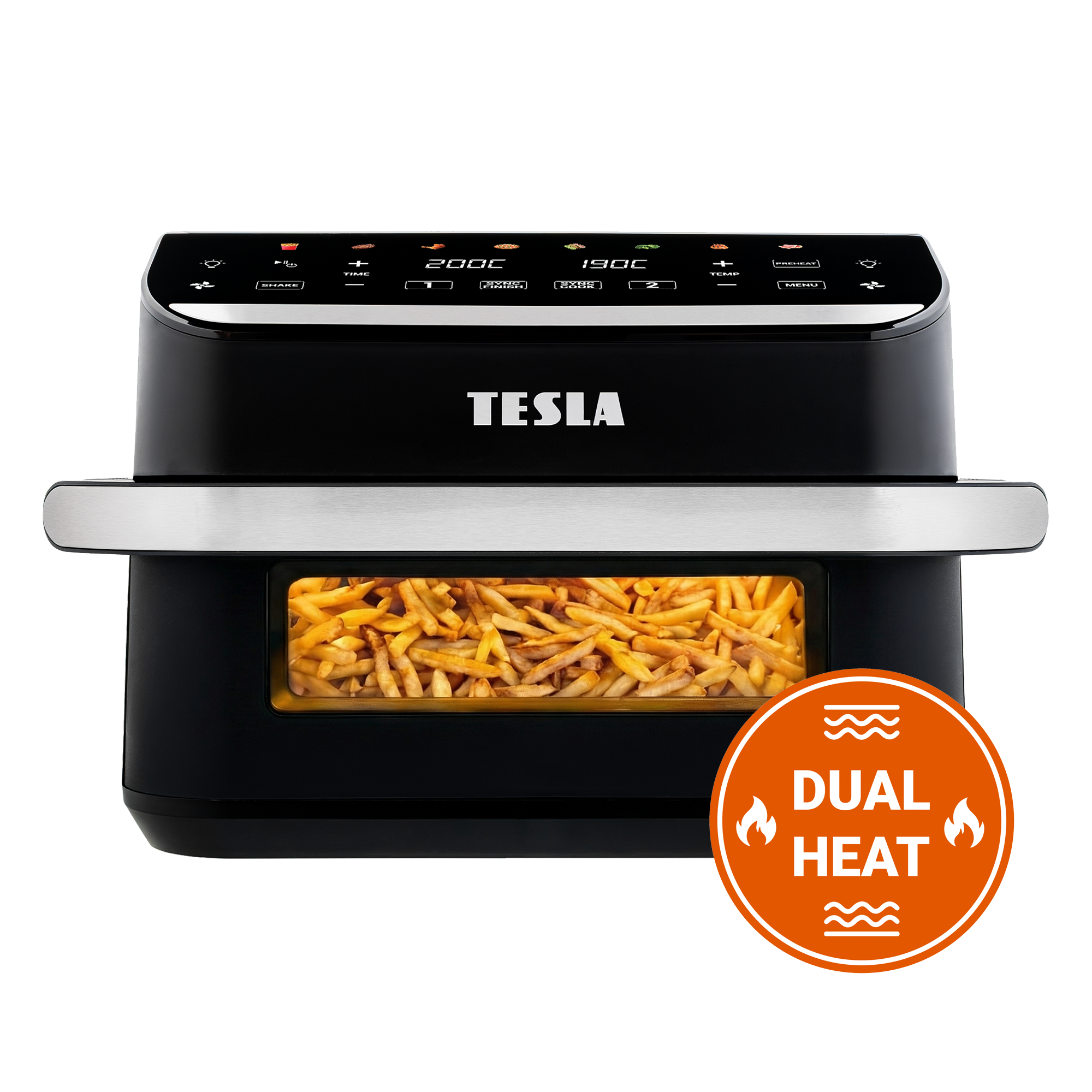 Friggitrice ad aria Tesla nera con patatine nella finestra. Logo Dual Heat.