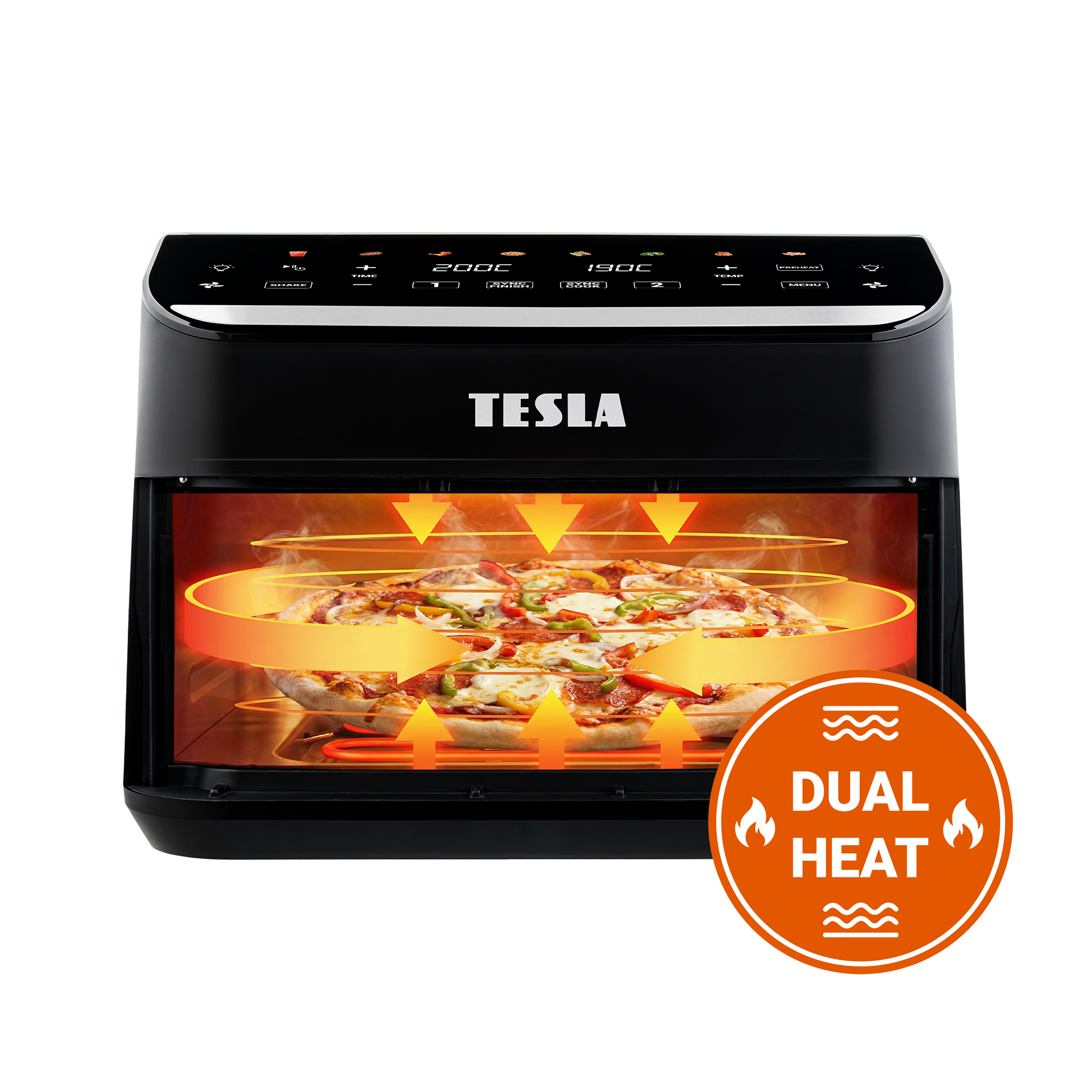 Un forno TESLA nero con due pizze, con frecce che indicano la circolazione del calore.