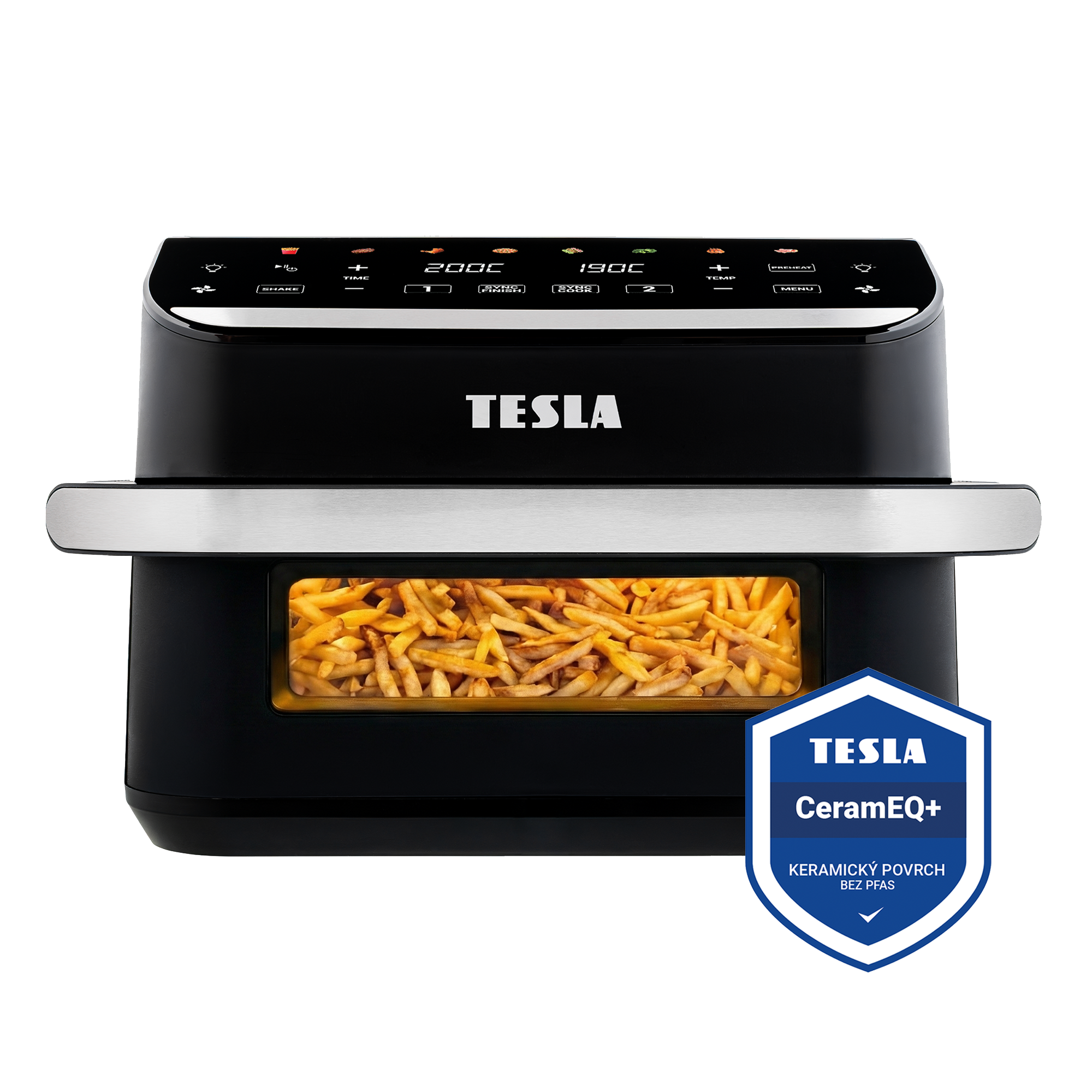 Friggitrice ad aria Tesla nera con patatine fritte nella finestra e pannello.