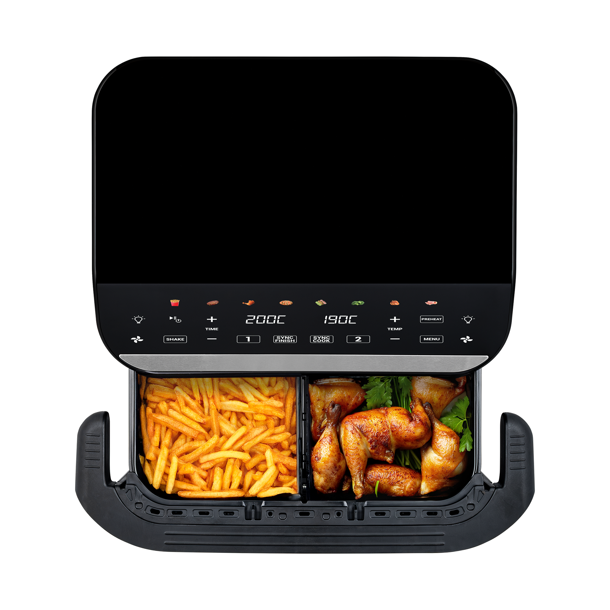 Friggitrice ad aria a doppio cestello con patatine fritte e pollo arrosto.