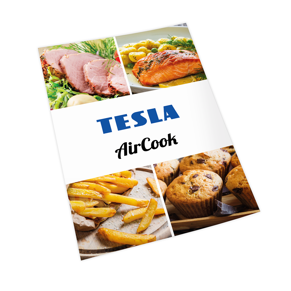 Brochure con cibo: arrosto, salmone, patatine fritte, muffin. Tesla AirCook.