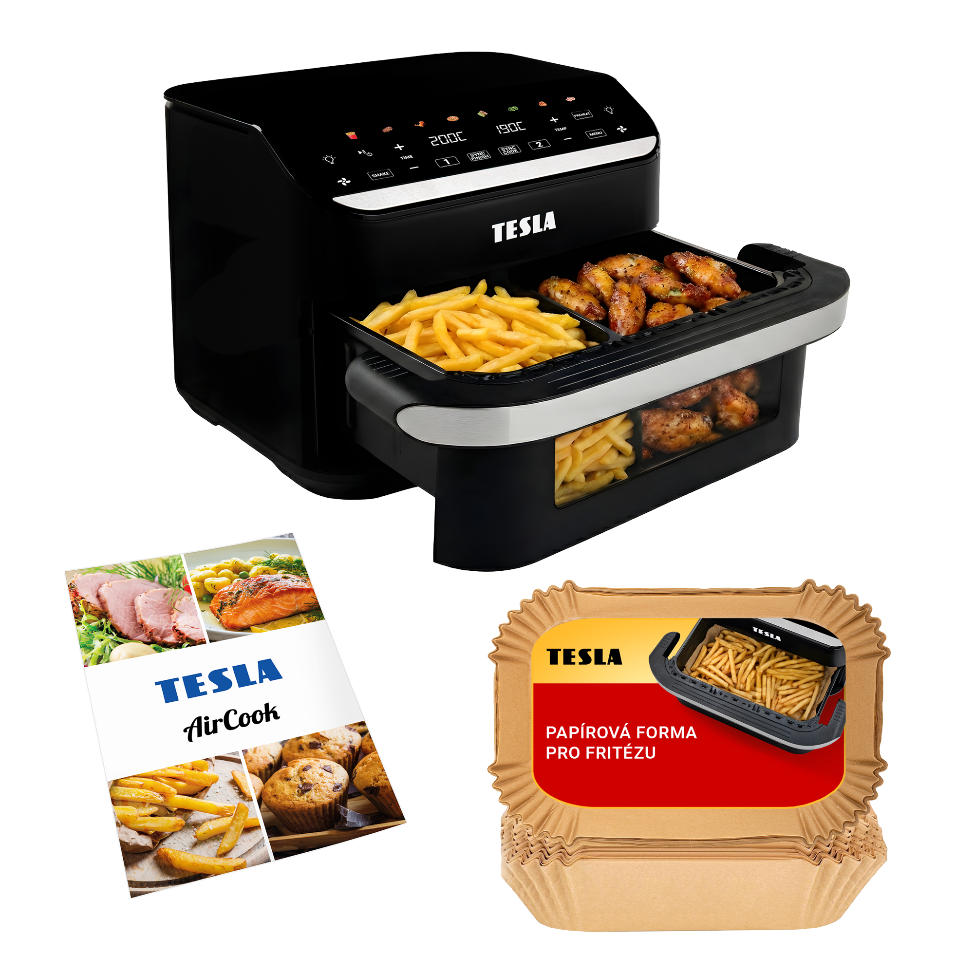 Tesla AirCook nero con patatine e alette di pollo, brochure e pirottini di carta.