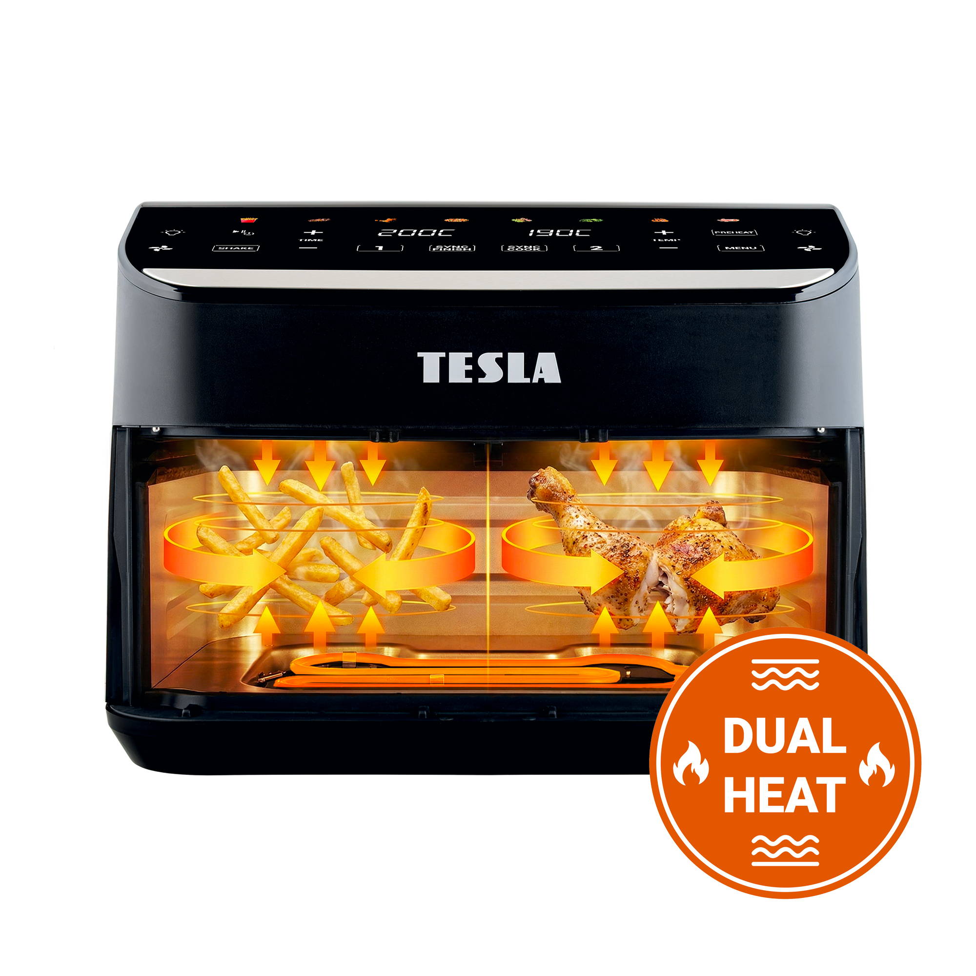Un forno friggitrice ad aria Tesla nero che cuoce patatine e pollo con frecce di calore.